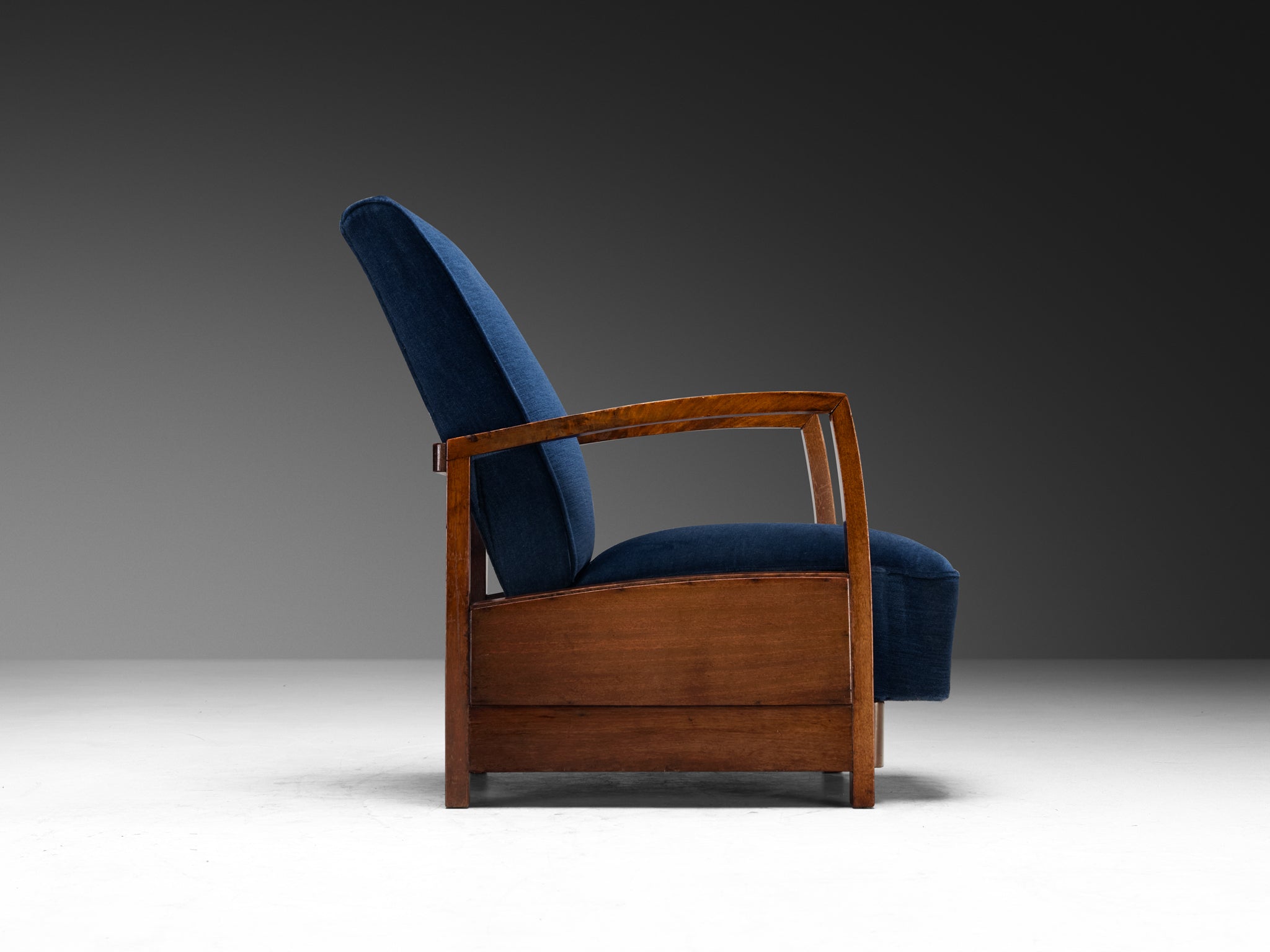 Art Deco Reclining Lounge Chair in Walnut and Blue Velvet Seating Morentz