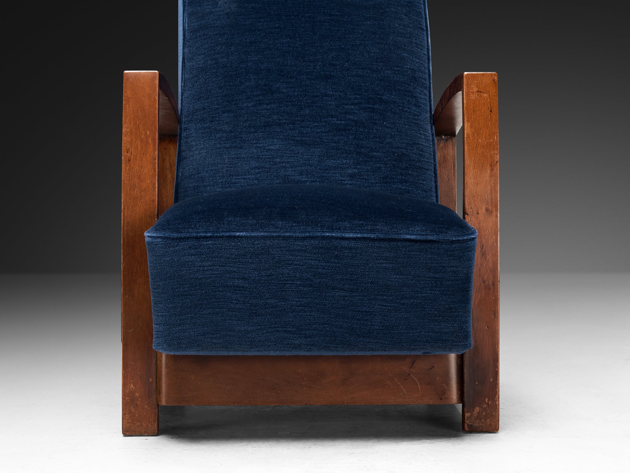 Art Deco Reclining Lounge Chair in Walnut and Blue Velvet Seating Morentz