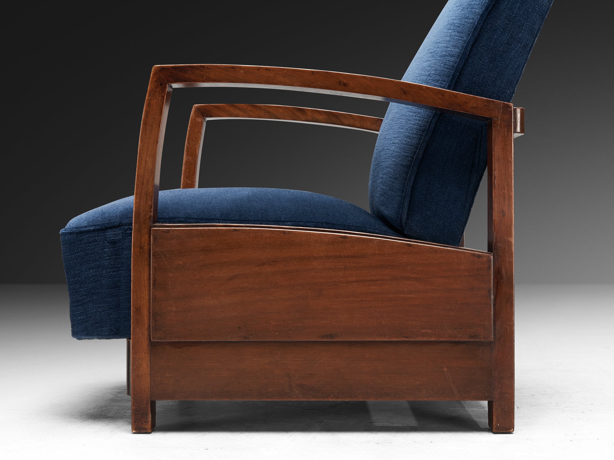 Art Deco Reclining Lounge Chair in Walnut and Blue Velvet Seating Morentz
