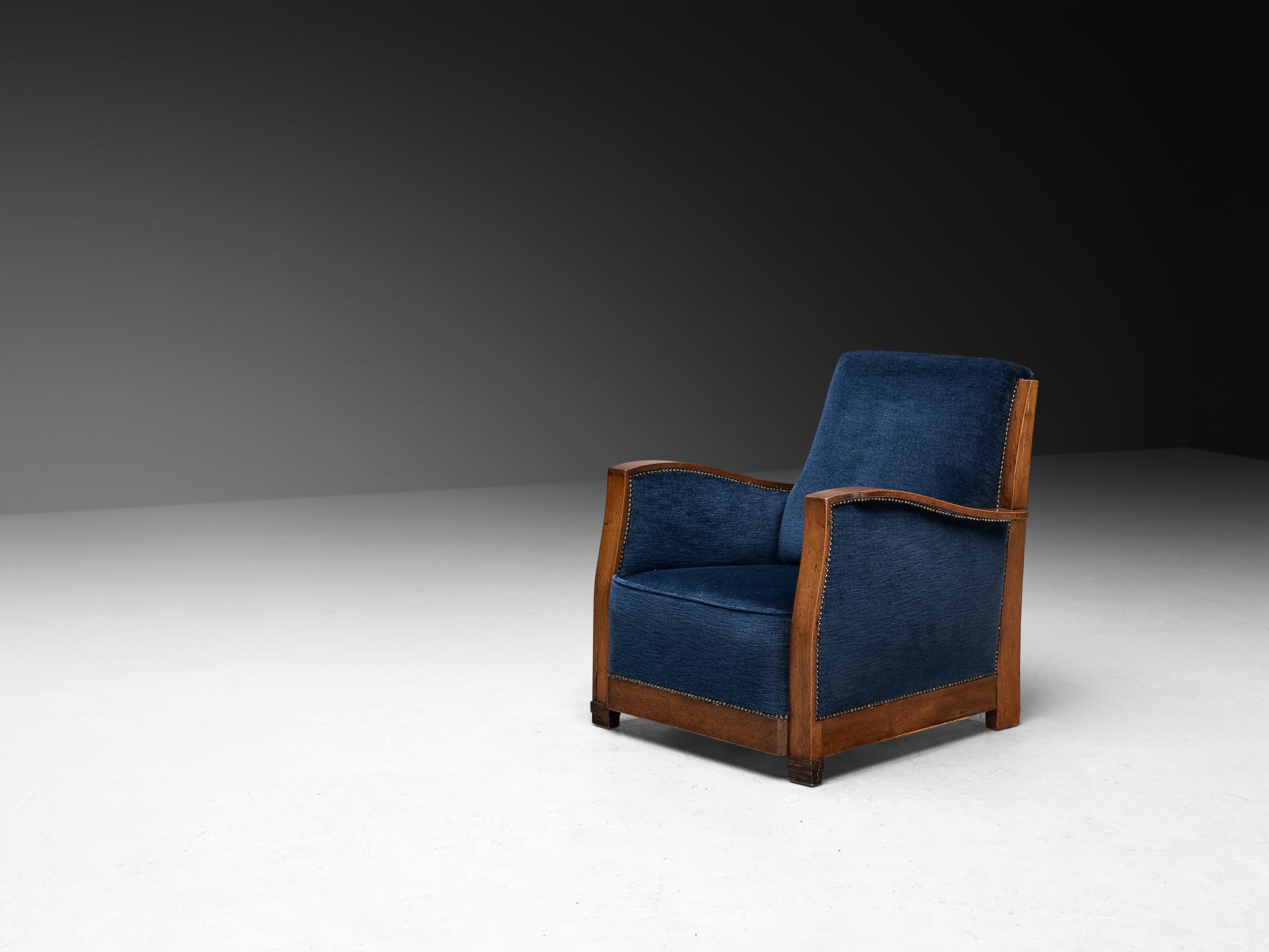 Art Deco Club Chair in Walnut and Blue Velvet Seating Morentz