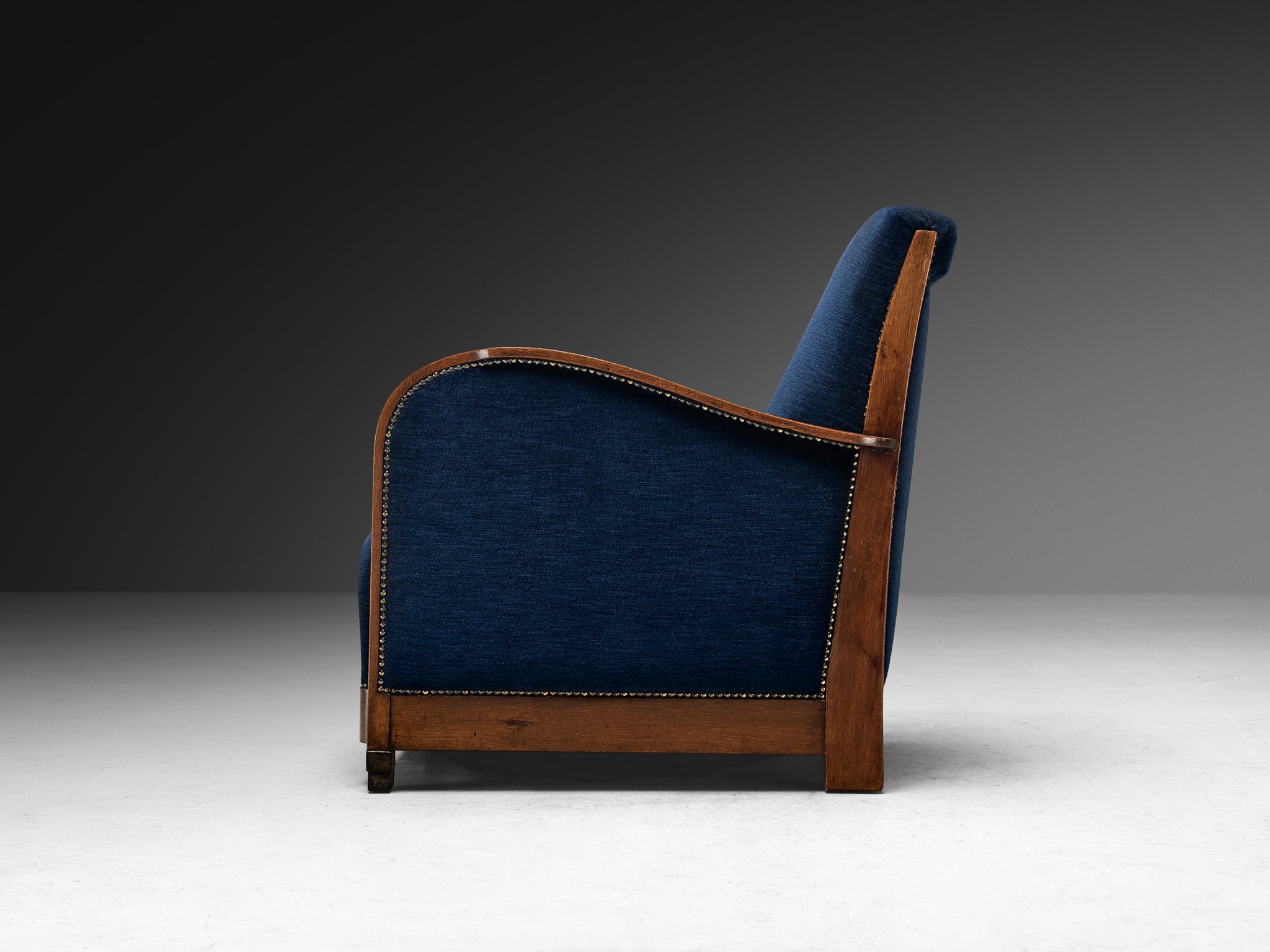 Art Deco Club Chair in Walnut and Blue Velvet Seating Morentz