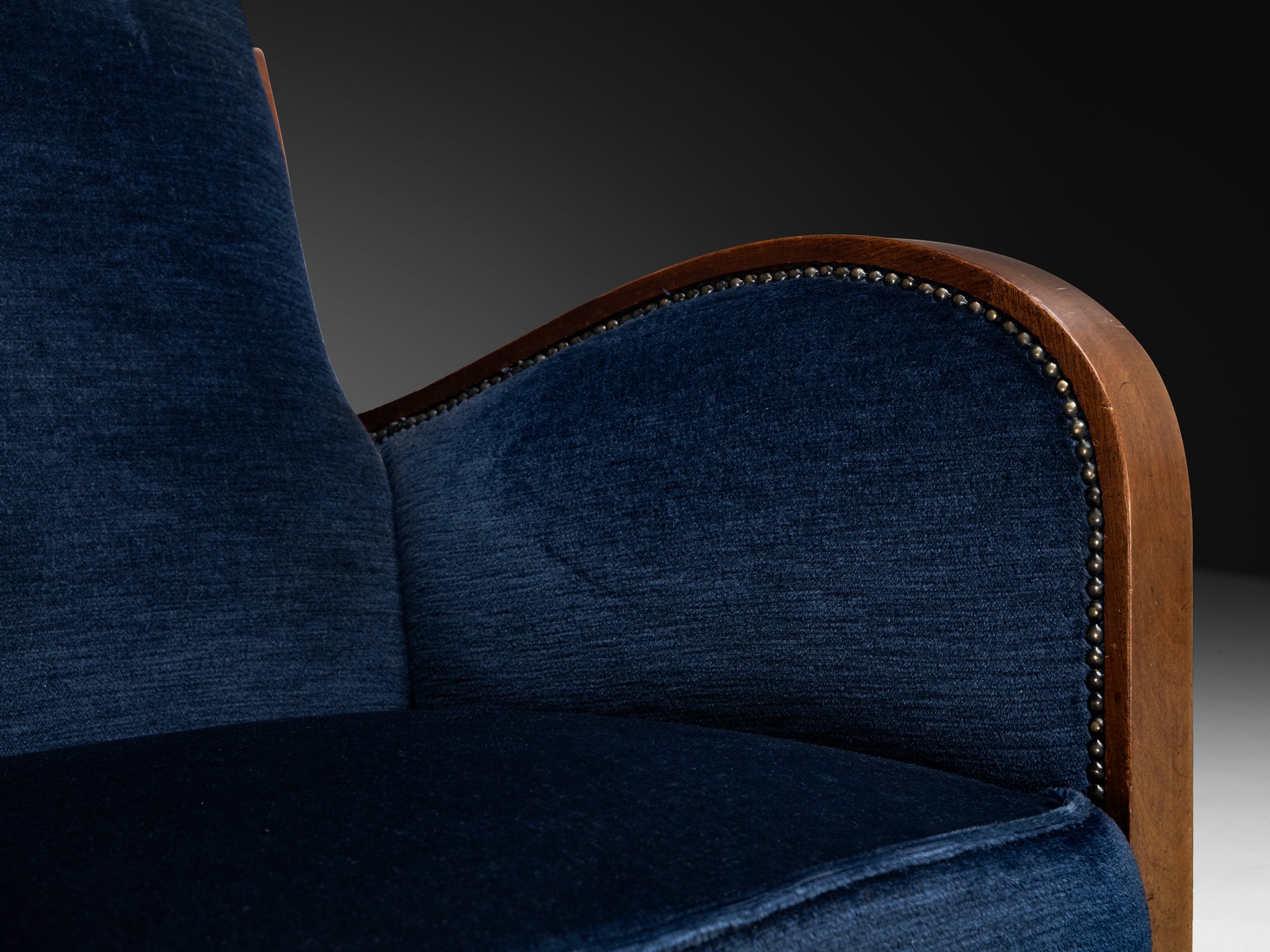 Art Deco Club Chair in Walnut and Blue Velvet Seating Morentz