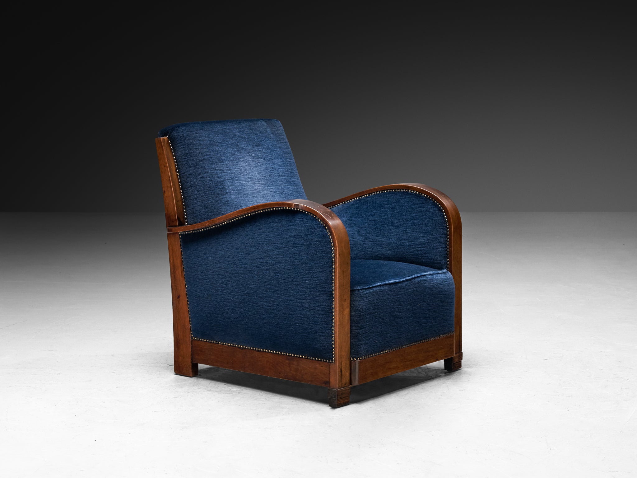 Art Deco Club Chair in Walnut and Blue Velvet Seating Morentz