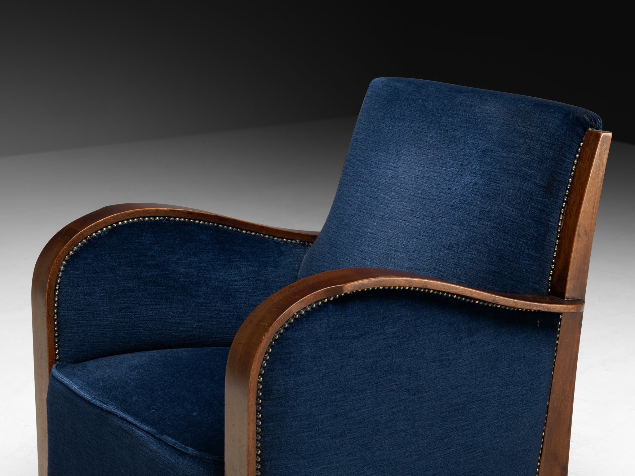 Art Deco Club Chair in Walnut and Blue Velvet Seating Morentz