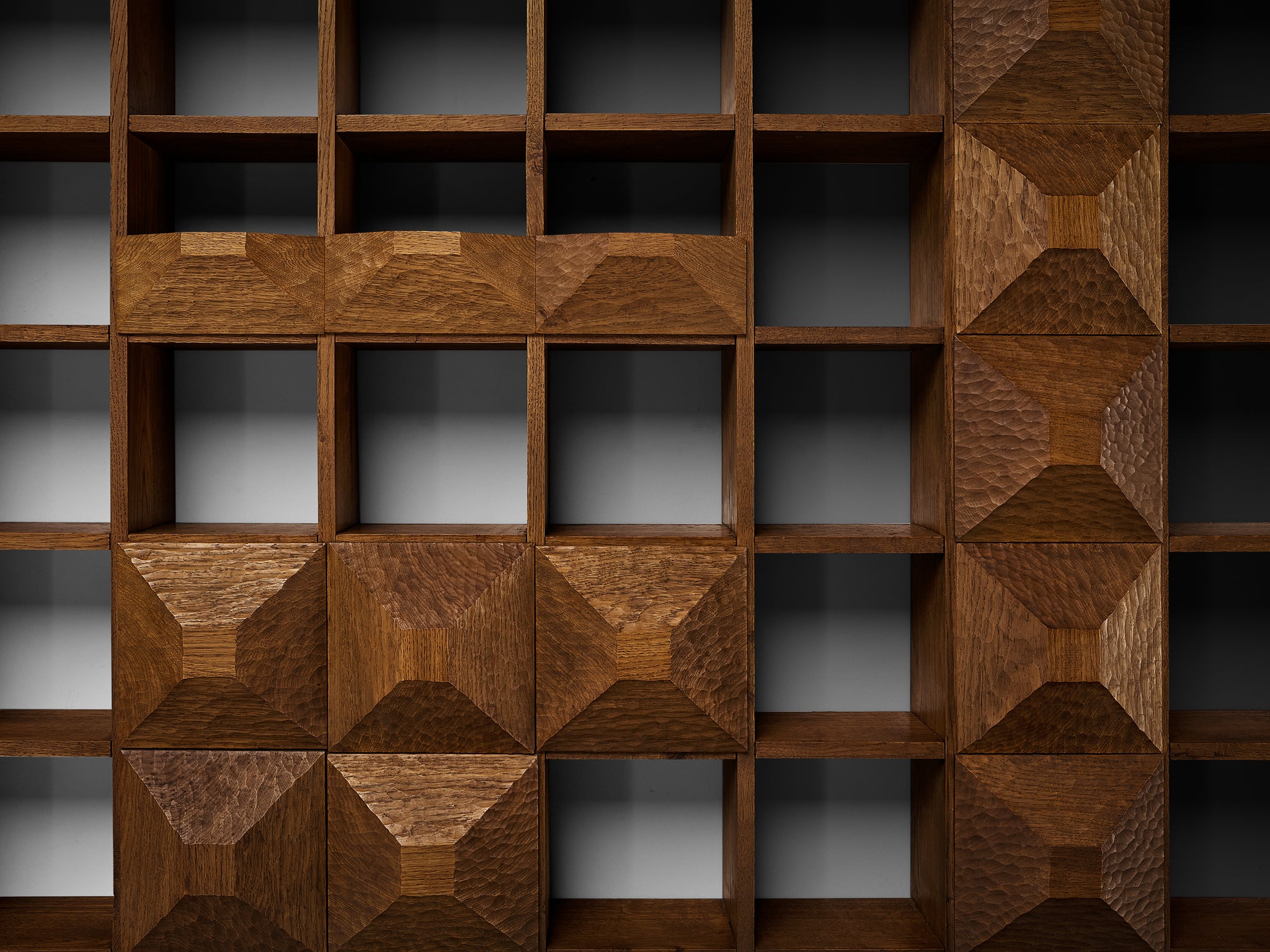 Monumental Mid-Century Italian Wall Unit in Oak with Diamond Shaped Colored Panels (560cm/220in)