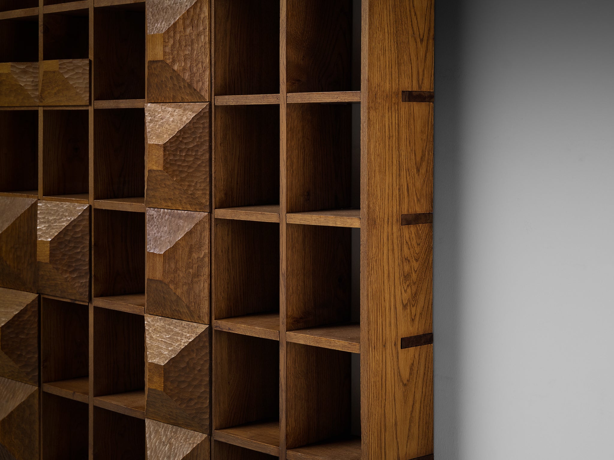 Monumental Mid-Century Italian Wall Unit in Oak with Diamond Shaped Colored Panels (560cm/220in)