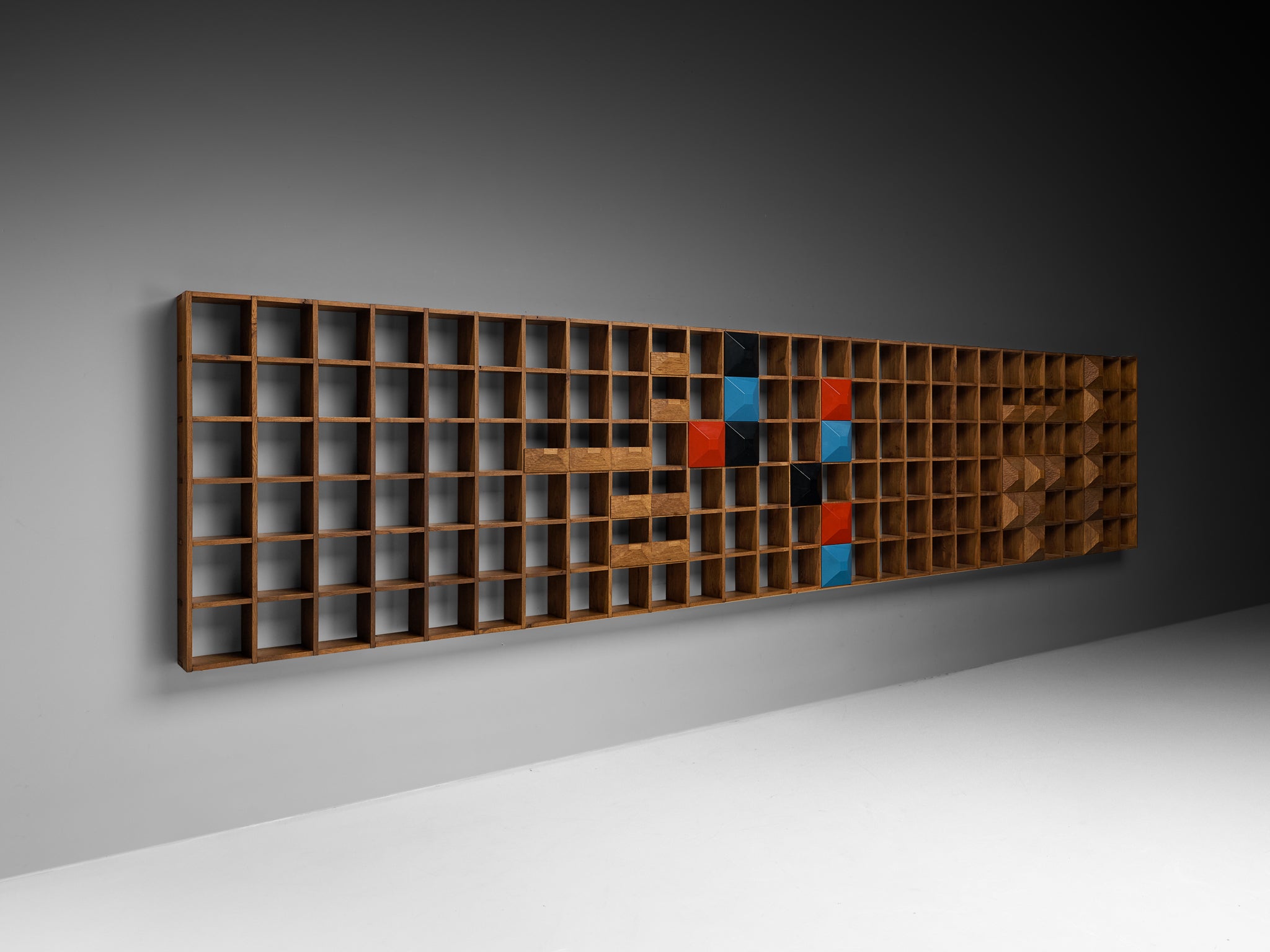 Monumental Mid-Century Italian Wall Unit in Oak with Diamond Shaped Colored Panels (560cm/220in)