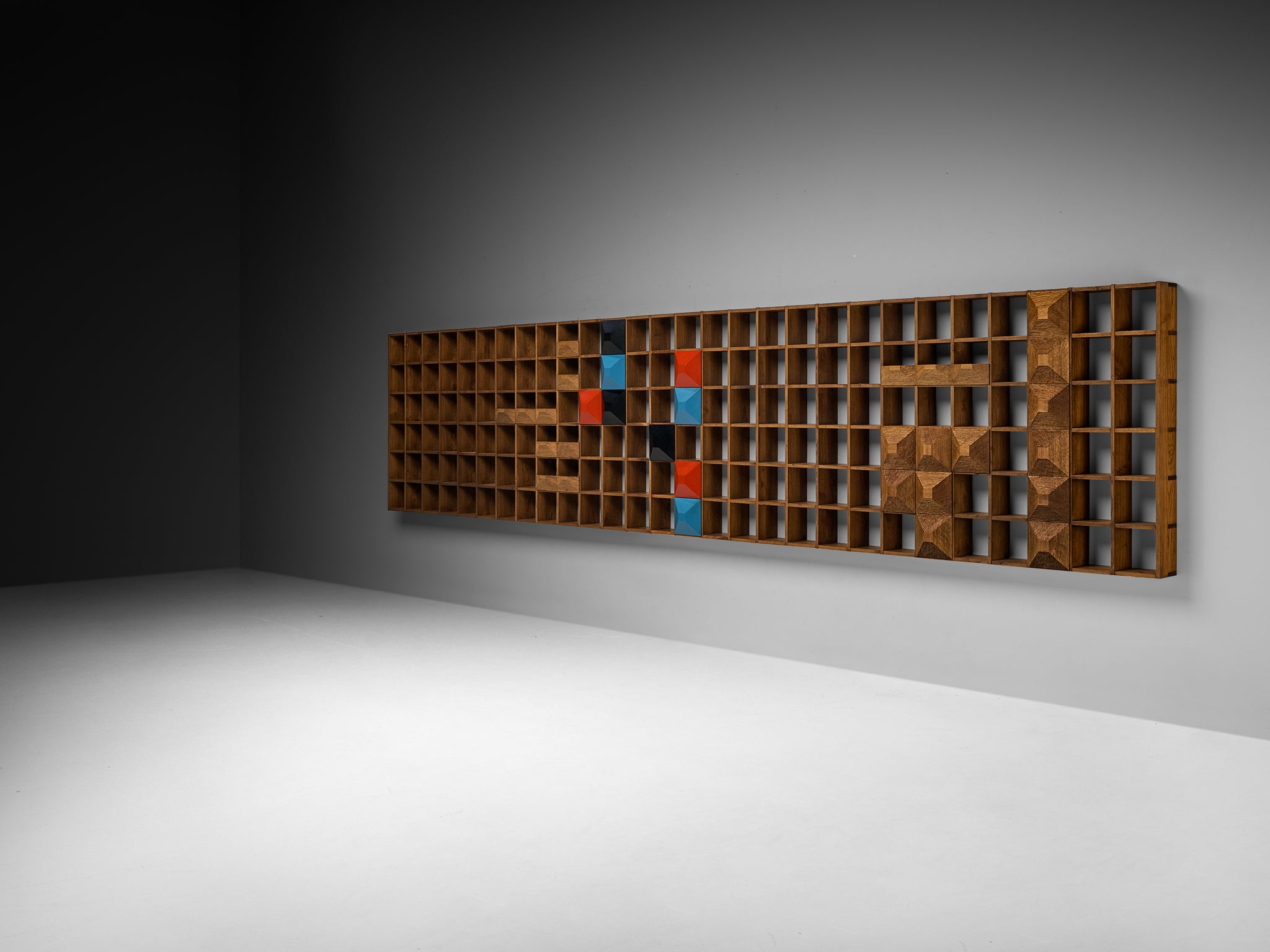 Monumental Mid-Century Italian Wall Unit in Oak with Diamond Shaped Colored Panels (560cm/220in)