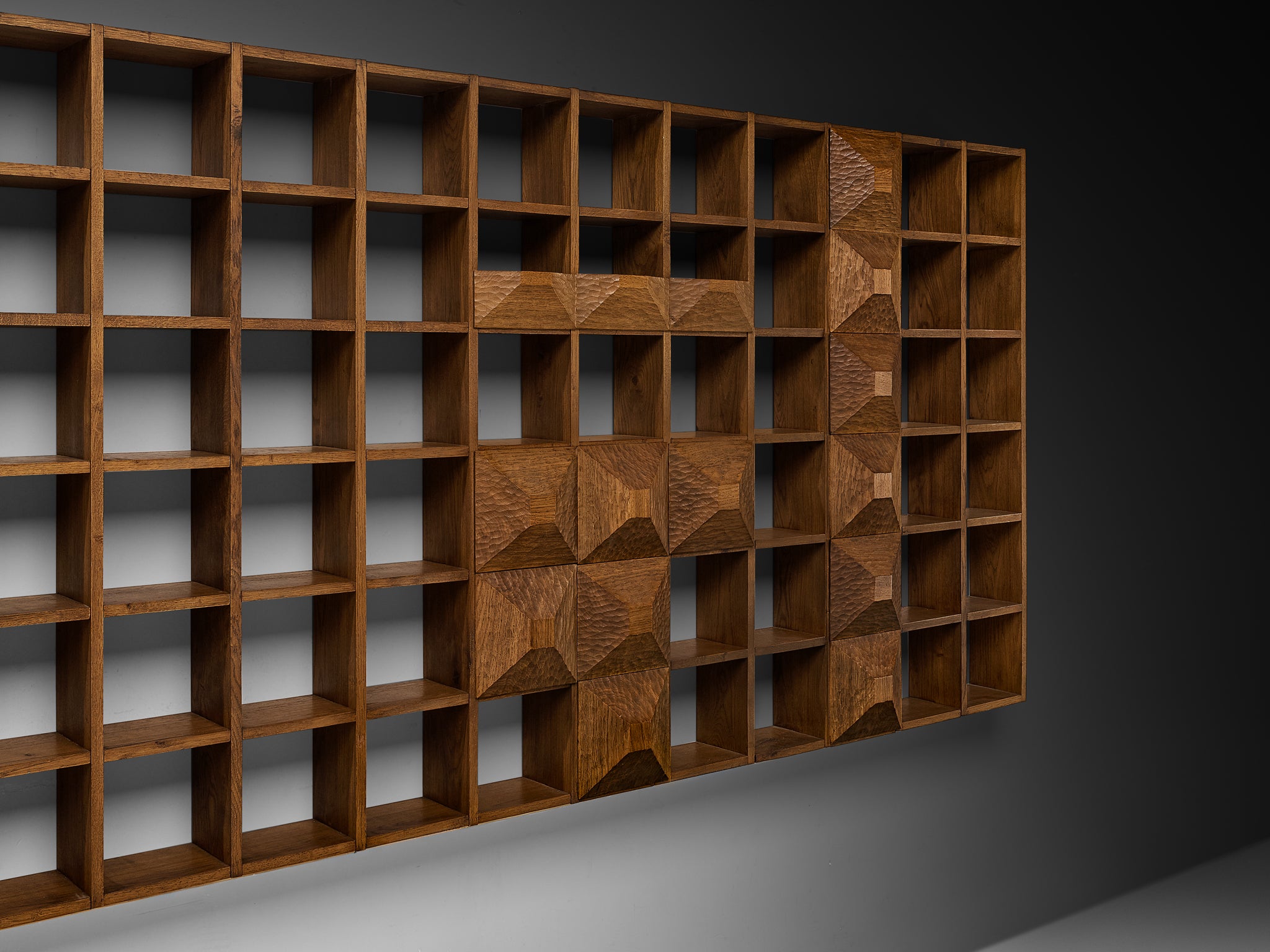Monumental Mid-Century Italian Wall Unit in Oak with Diamond Shaped Colored Panels (560cm/220in)