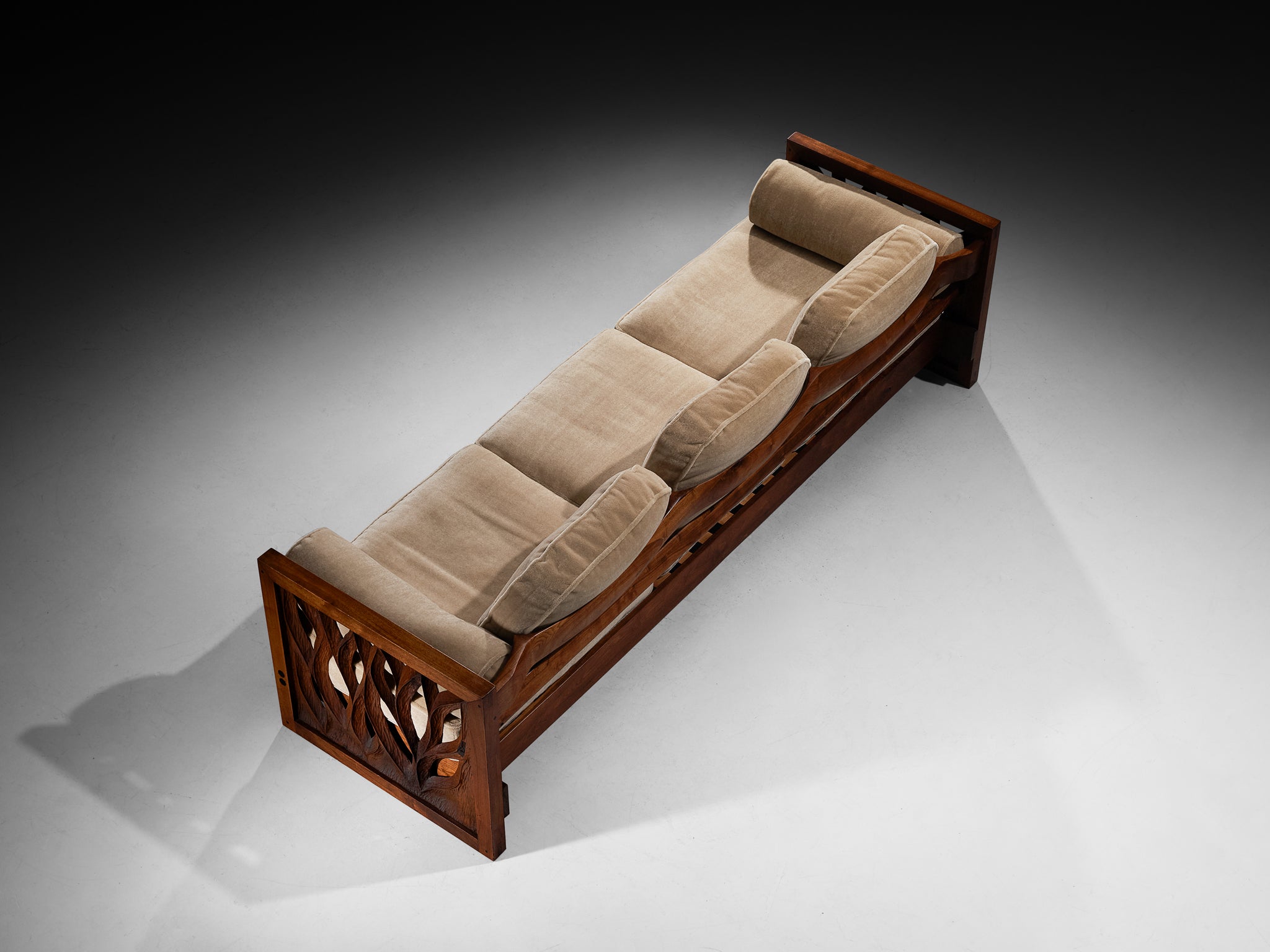 Rare Phillip Lloyd Powell Free-Standing Sofa in Carved Walnut and Mohair by Pierre Frey Seating Morentz