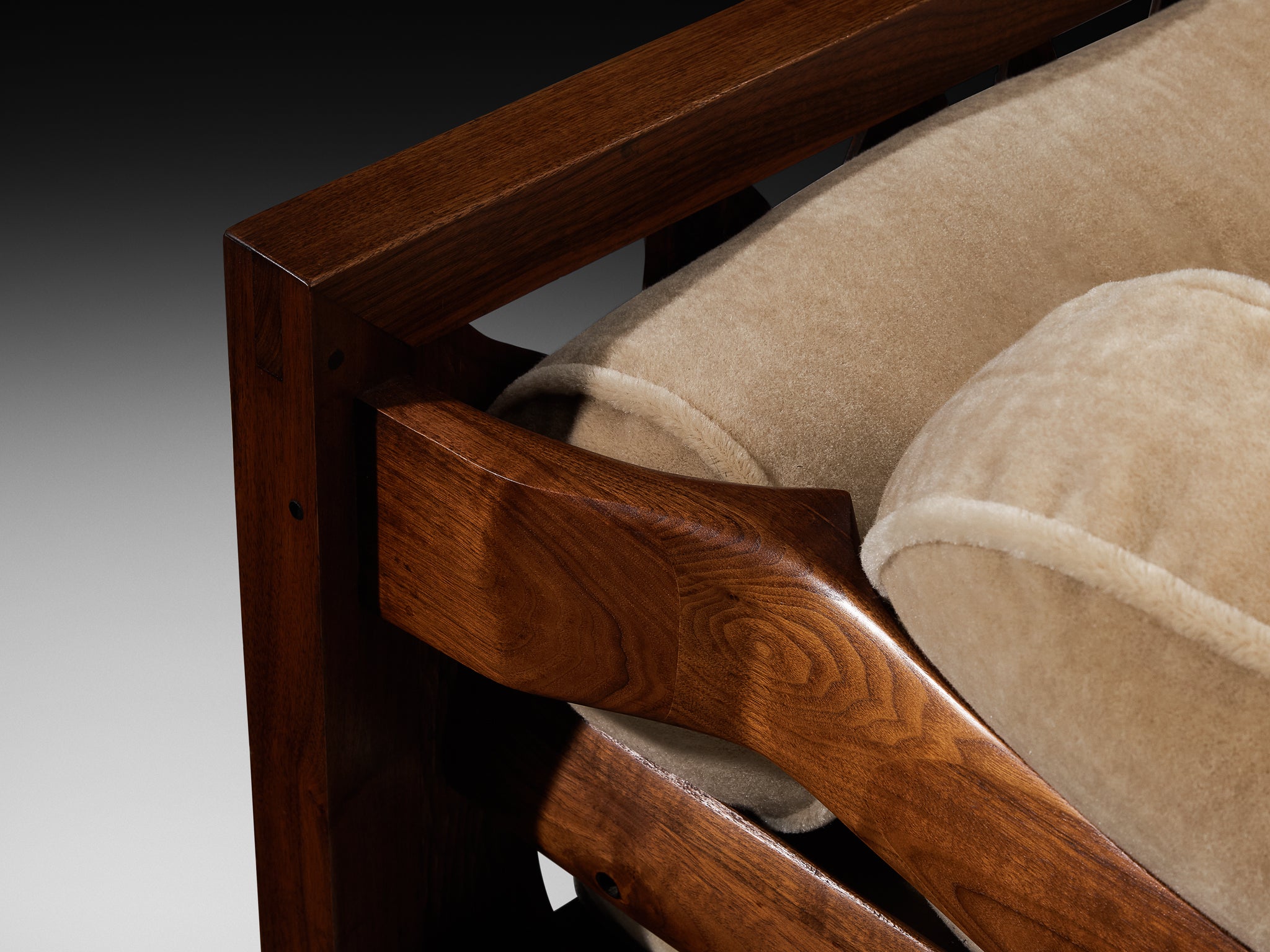 Rare Phillip Lloyd Powell Free-Standing Sofa in Carved Walnut and Mohair by Pierre Frey Seating Morentz