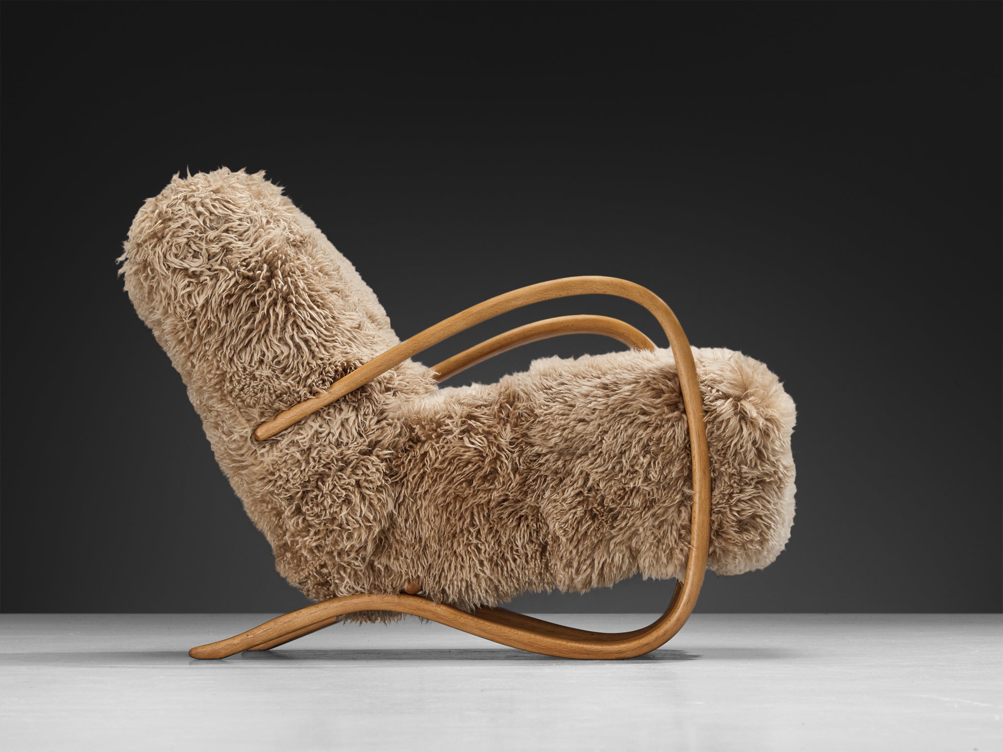 Jindřich Halabala Lounge Chairs in Beige Tibetan Lambswool Seating Morentz