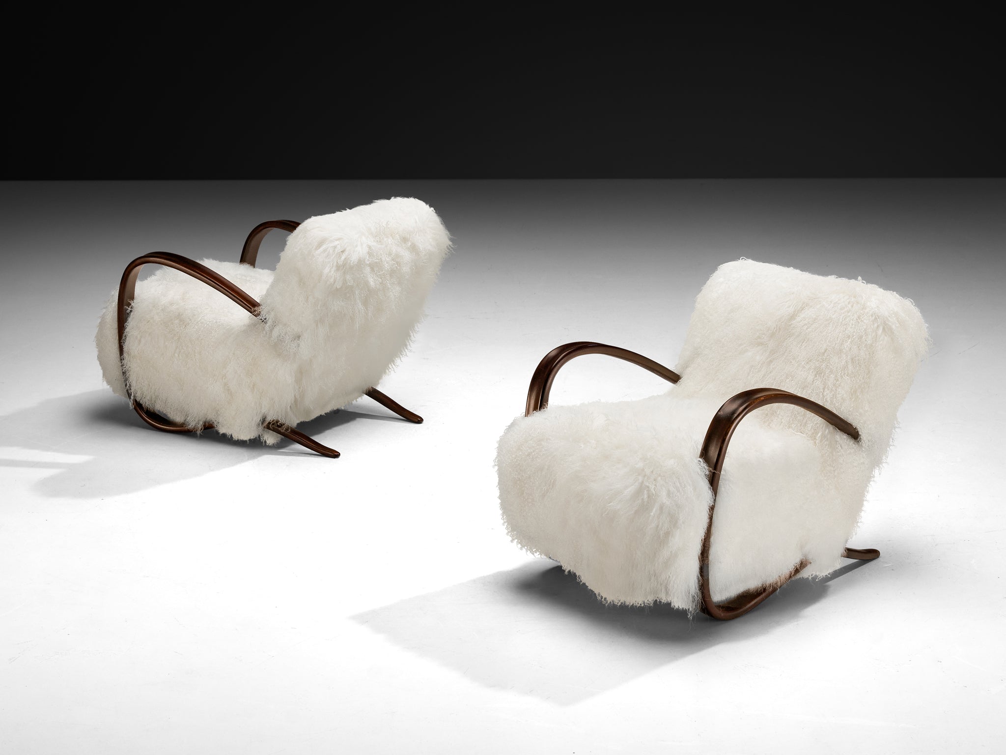 Jindrich Halabala Lounge Chairs in White Tibetan Lambswool Seating Morentz