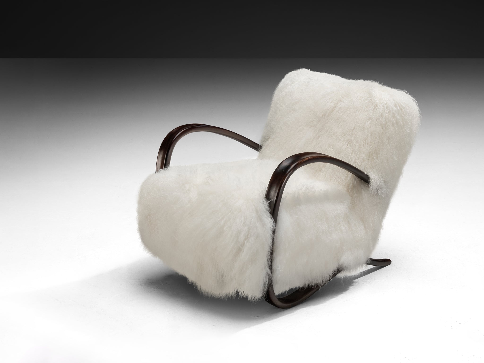 Jindrich Halabala Lounge Chairs in White Tibetan Lambswool Seating Morentz