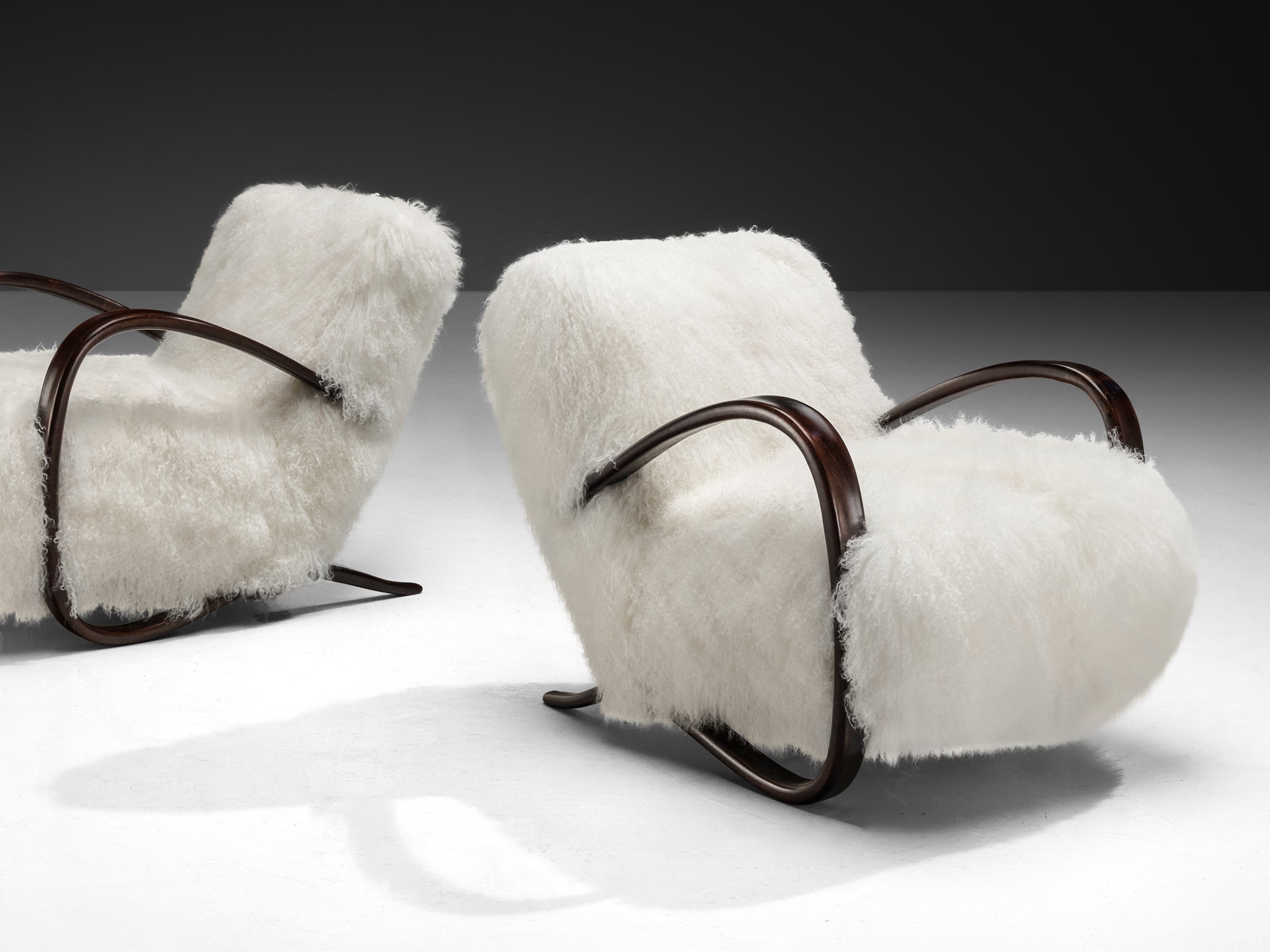 Jindrich Halabala Lounge Chairs in White Tibetan Lambswool Seating Morentz
