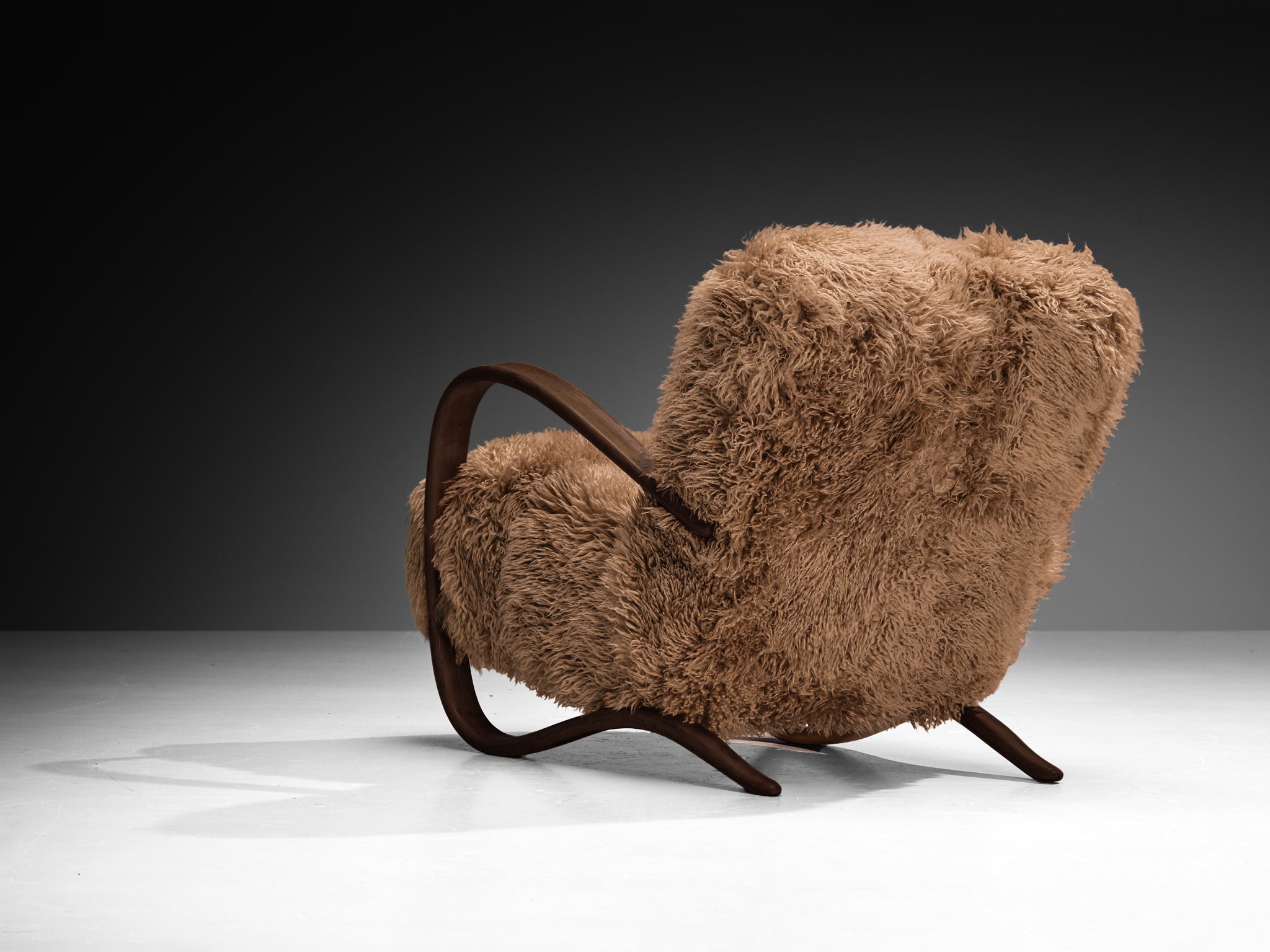 Jindřich Halabala Lounge Chairs in Brown Tibetan Lambswool Seating Morentz