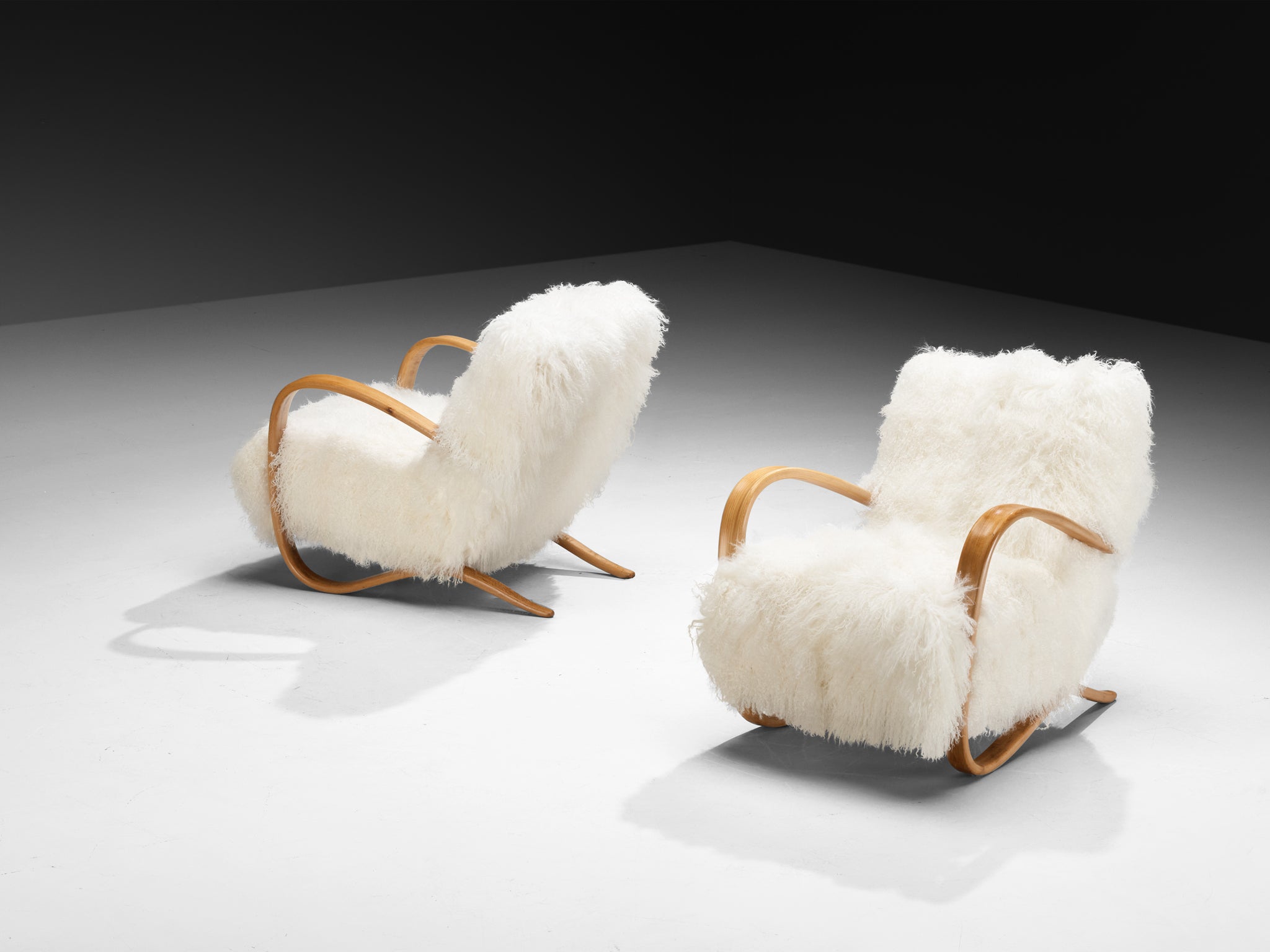 Jindřich Halabala Lounge Chairs in White Tibetan Lambswool Seating Morentz