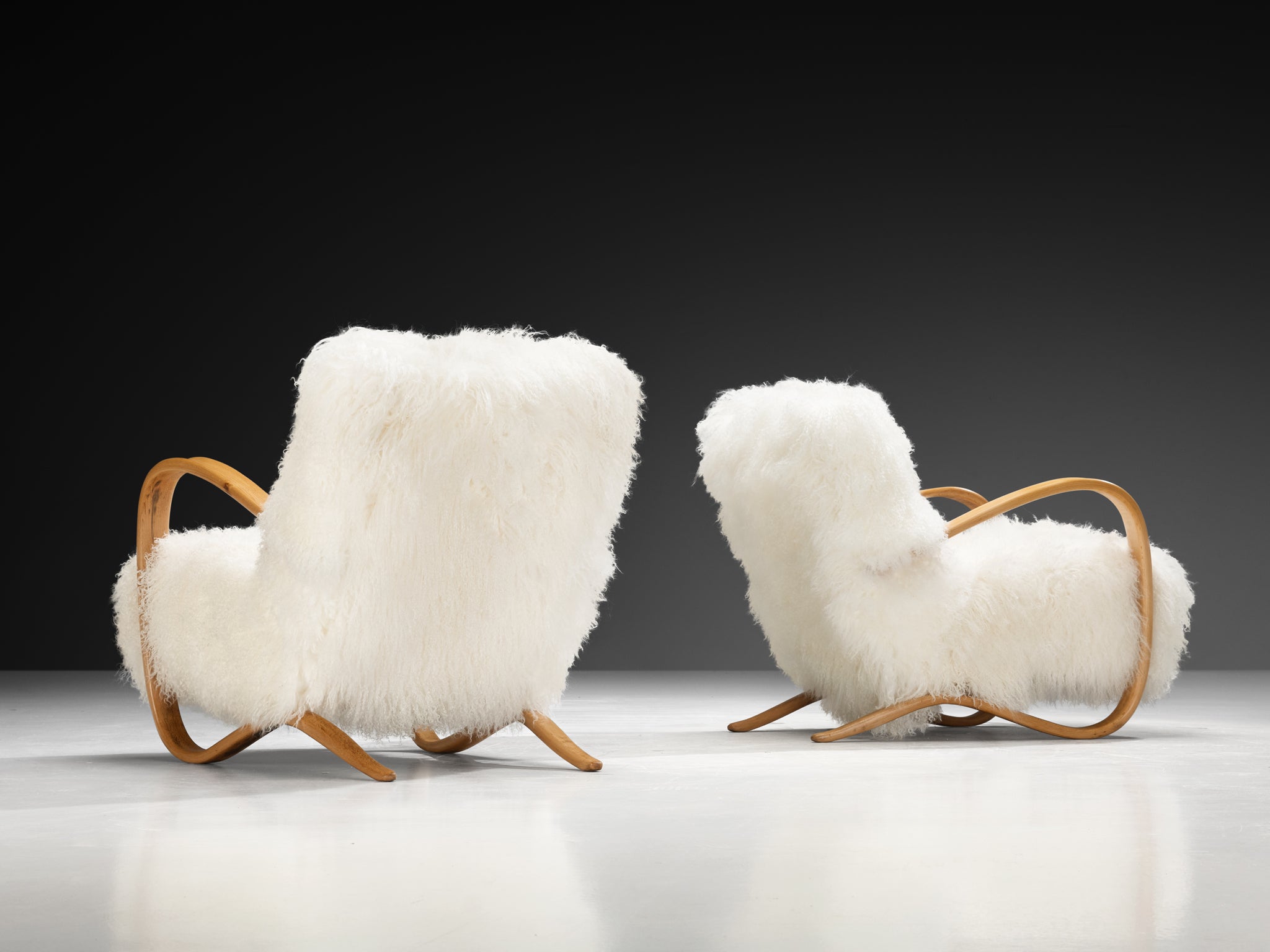 Jindřich Halabala Lounge Chairs in White Tibetan Lambswool Seating Morentz