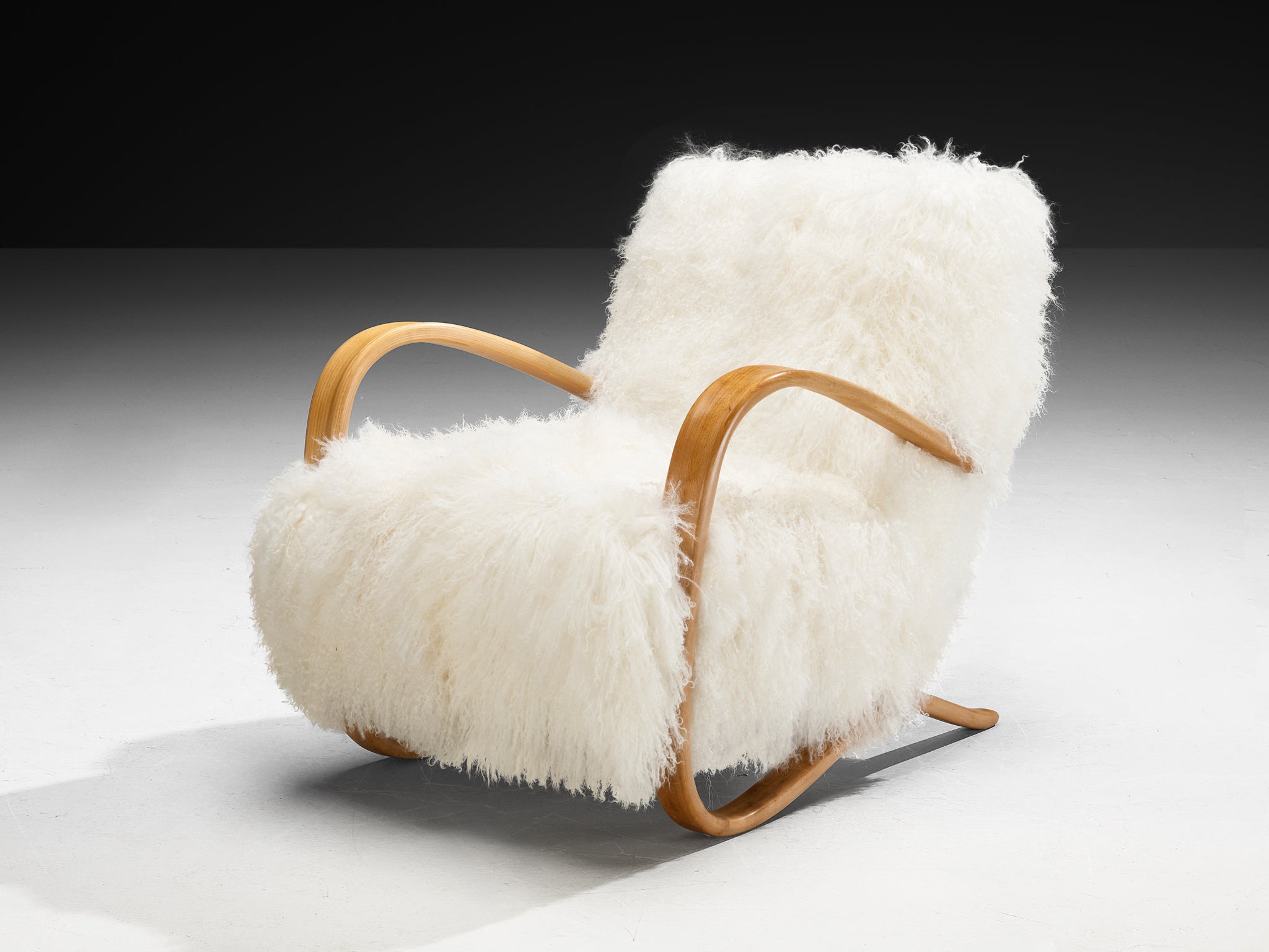 Jindřich Halabala Lounge Chairs in White Tibetan Lambswool Seating Morentz
