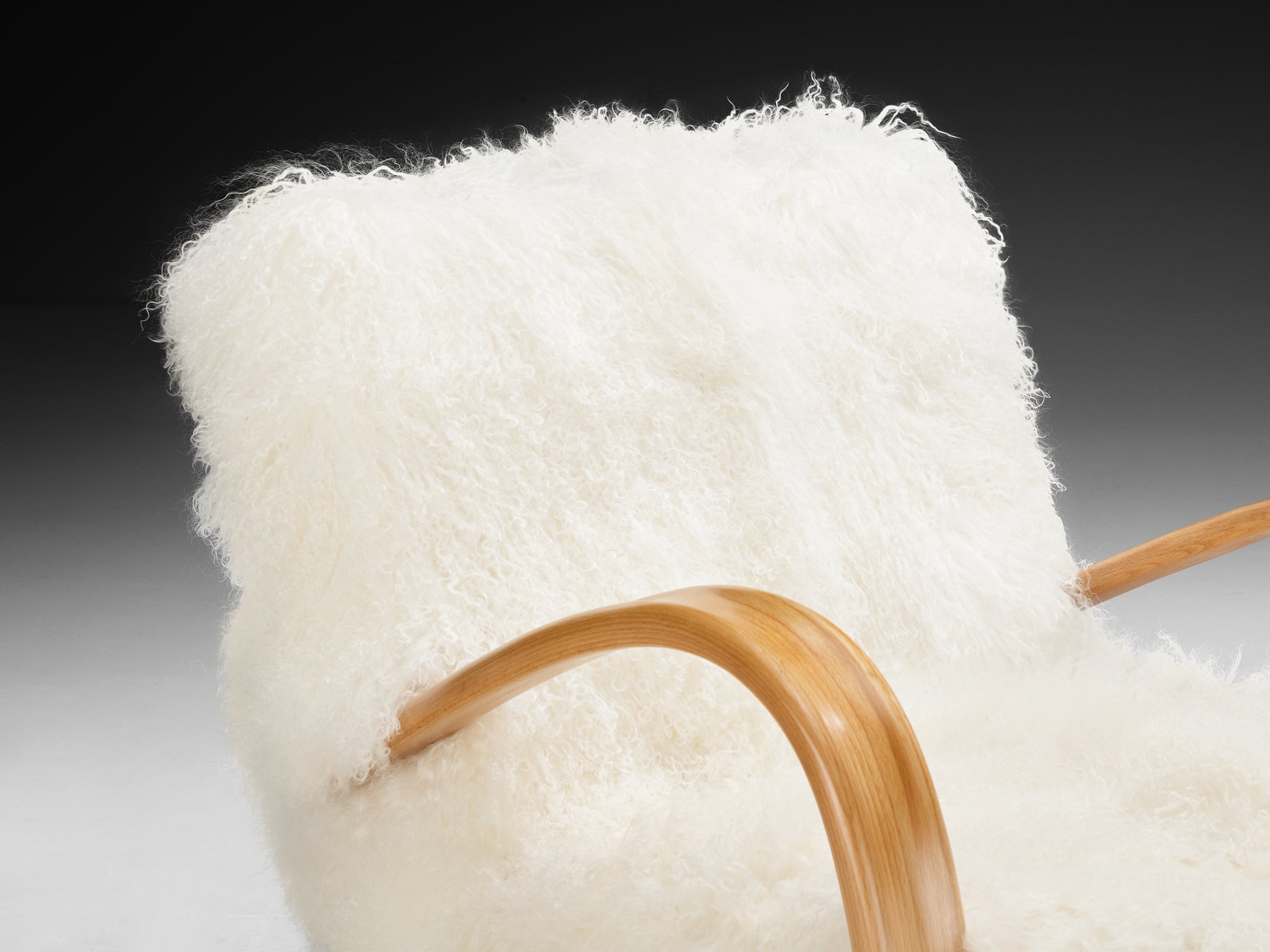 Jindřich Halabala Lounge Chairs in White Tibetan Lambswool Seating Morentz