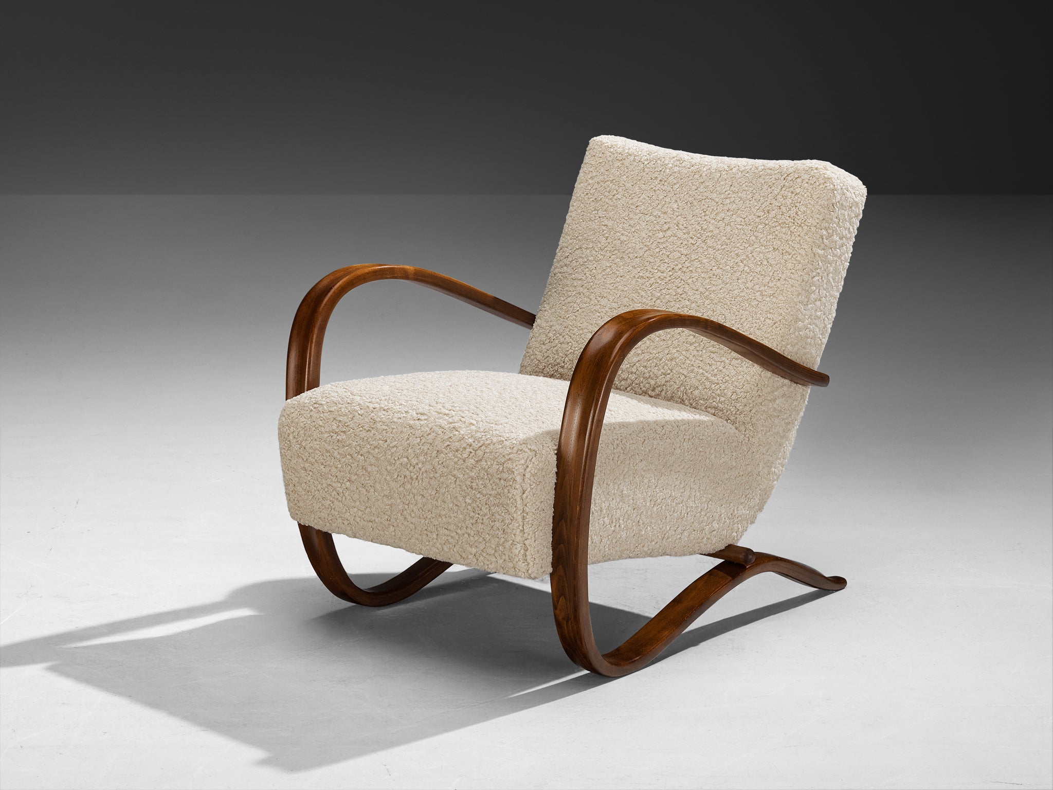 Jindrich Halabala Lounge Chair in White Bouclé by Pierre Frey