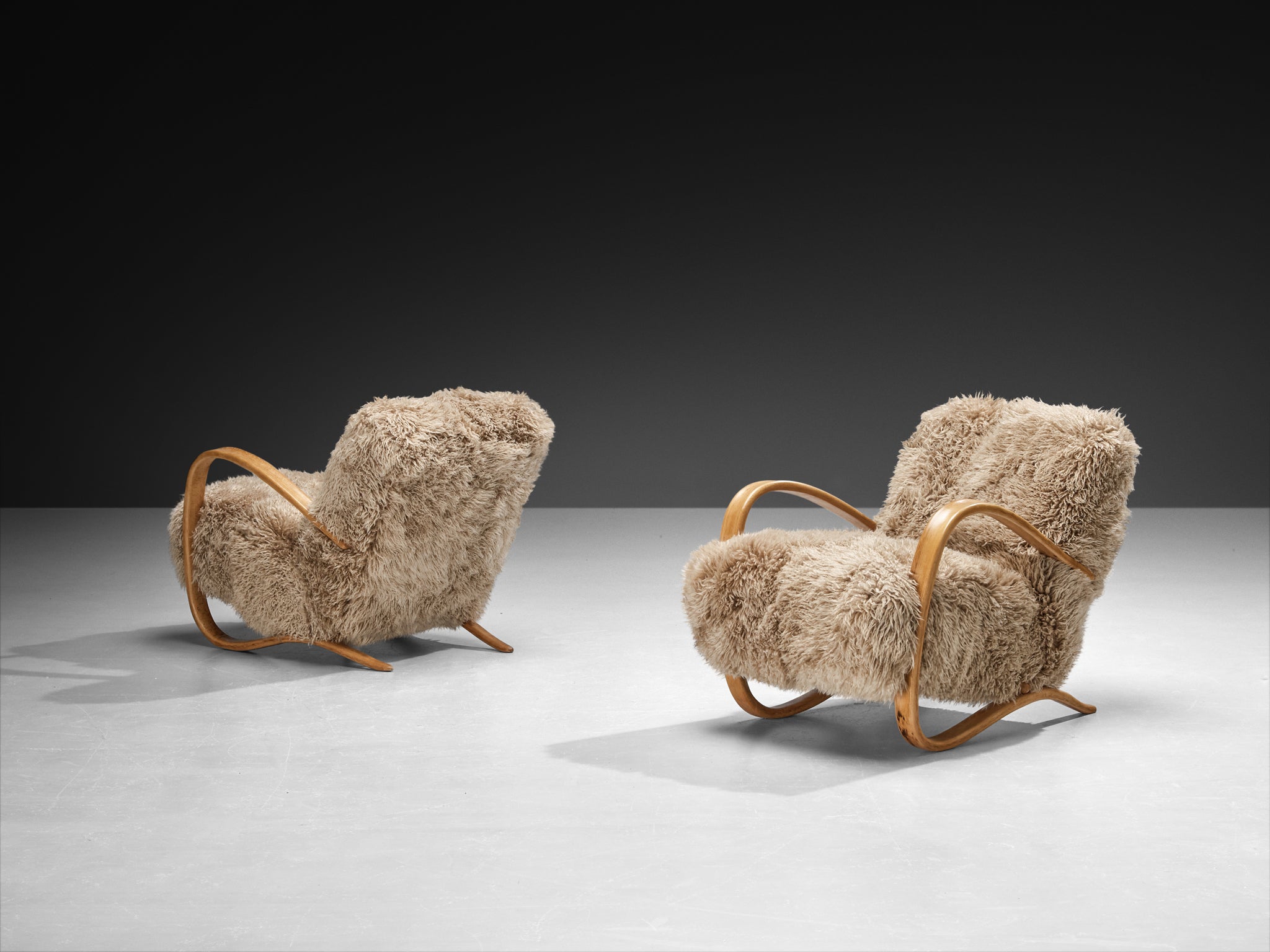 Jindřich Halabala Lounge Chairs in Beige Tibetan Lambswool Seating Morentz
