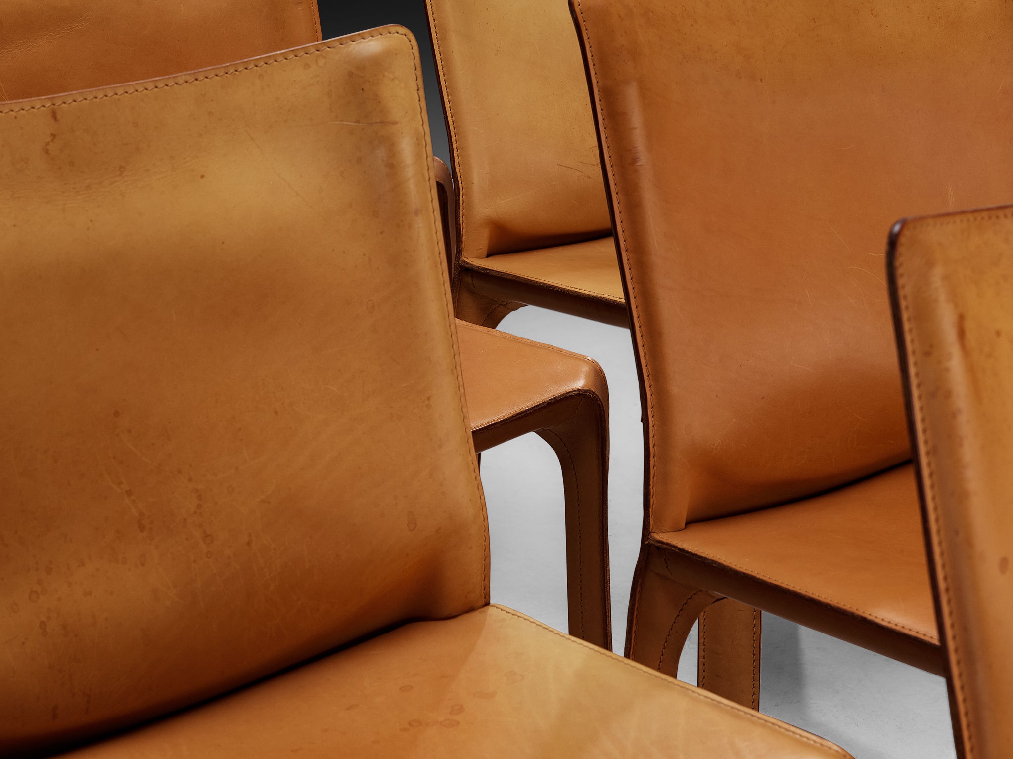 Mario Bellini for Cassina Set of Eight 'Cab' Dining Chairs in Cognac Brown Leather Seating Morentz