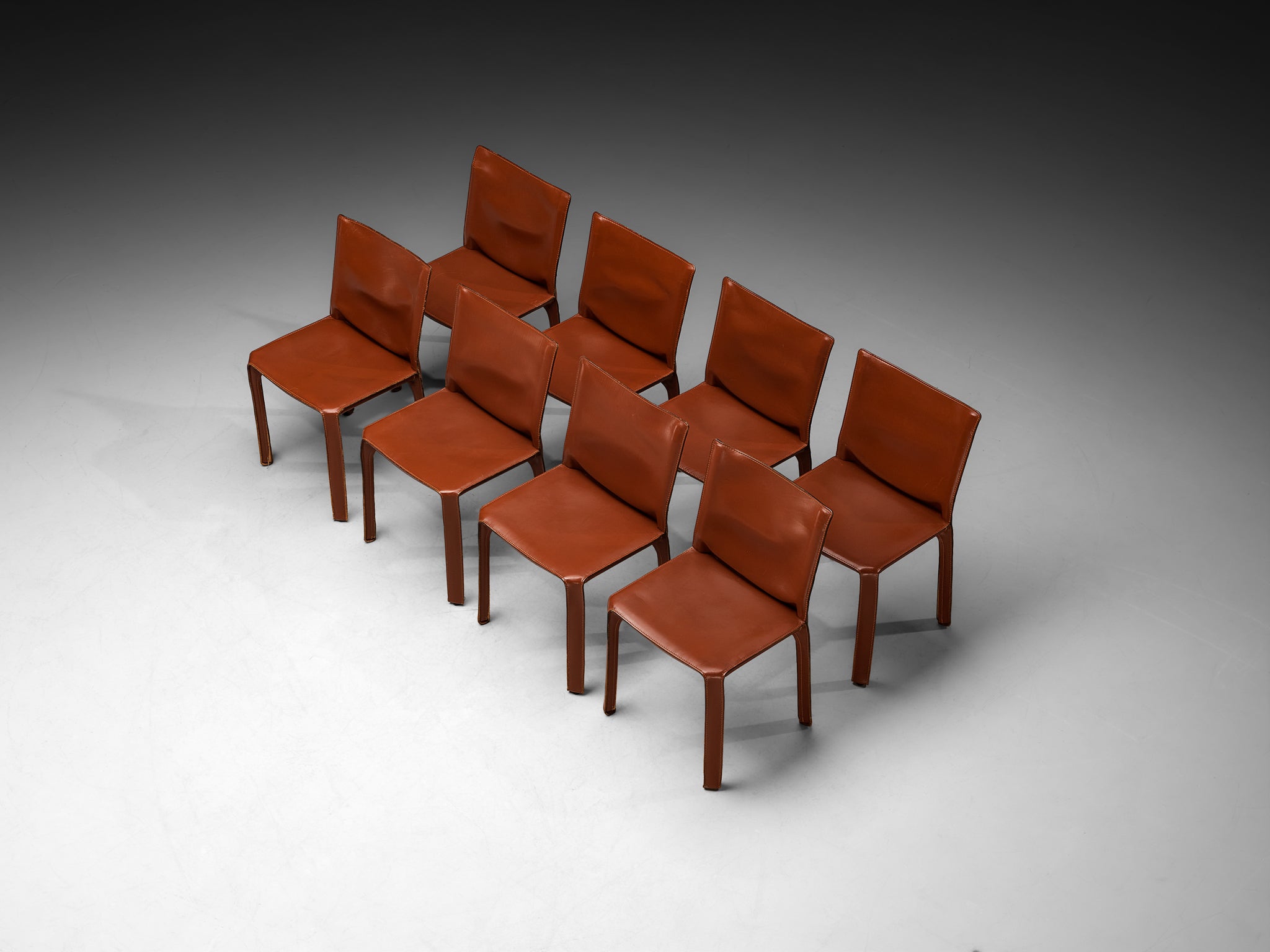 Mario Bellini for Cassina Set of Eight 'Cab' Dining Chairs in Red Brown Leather Seating Morentz