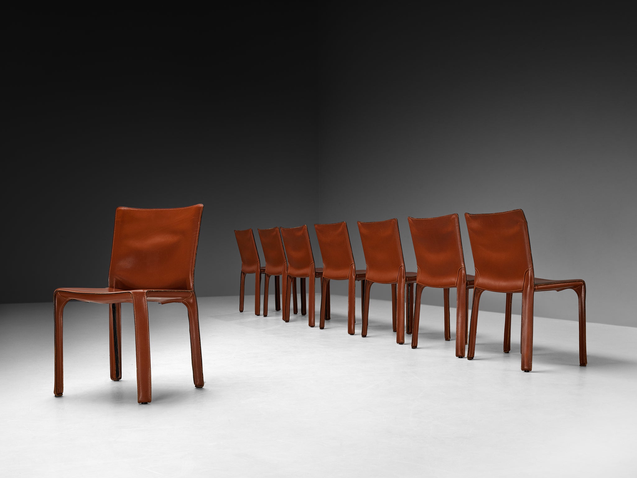 Mario Bellini for Cassina Set of Eight 'Cab' Dining Chairs in Red Brown Leather Seating Morentz