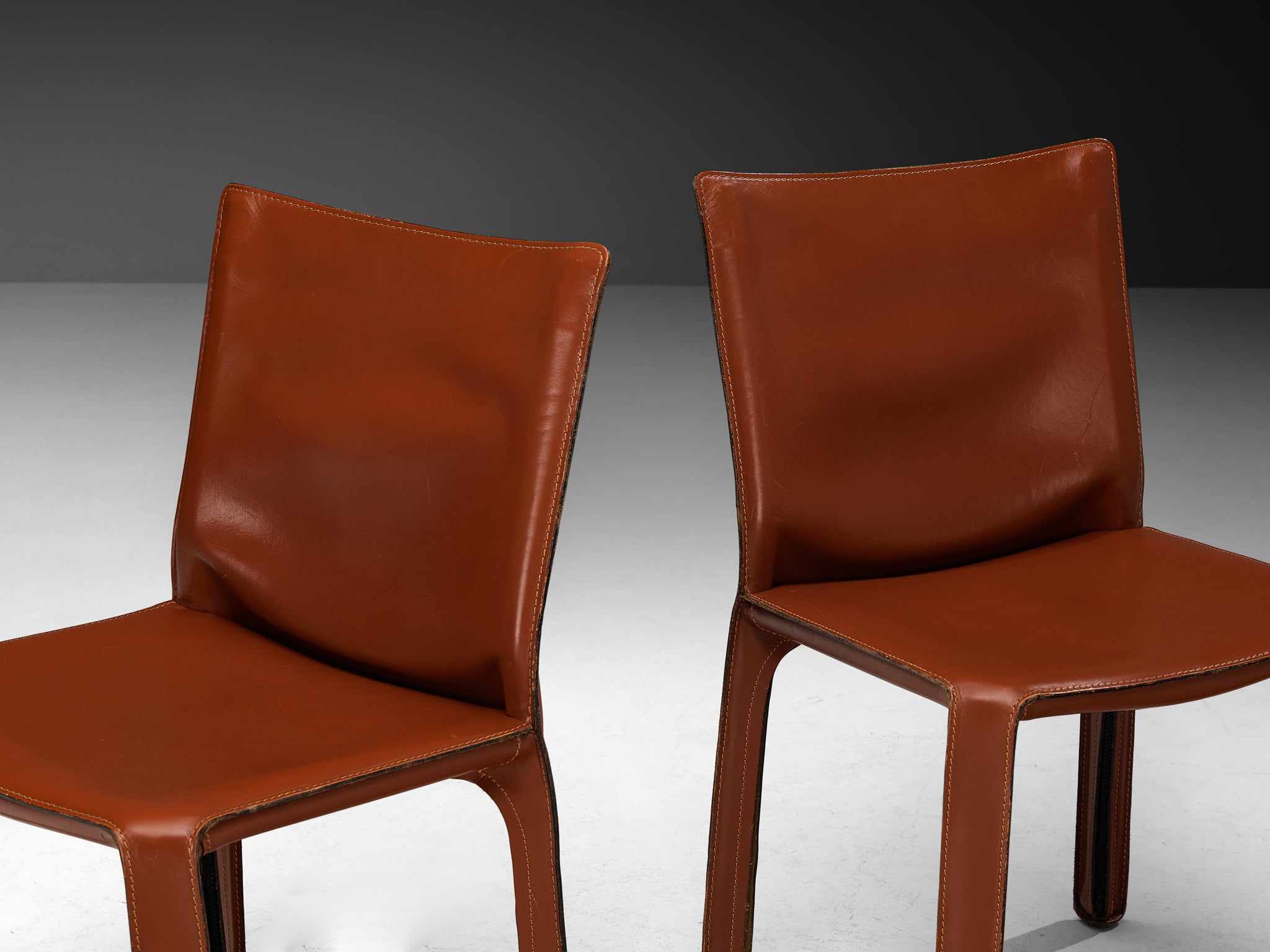 Mario Bellini for Cassina Set of Eight 'Cab' Dining Chairs in Red Brown Leather Seating Morentz