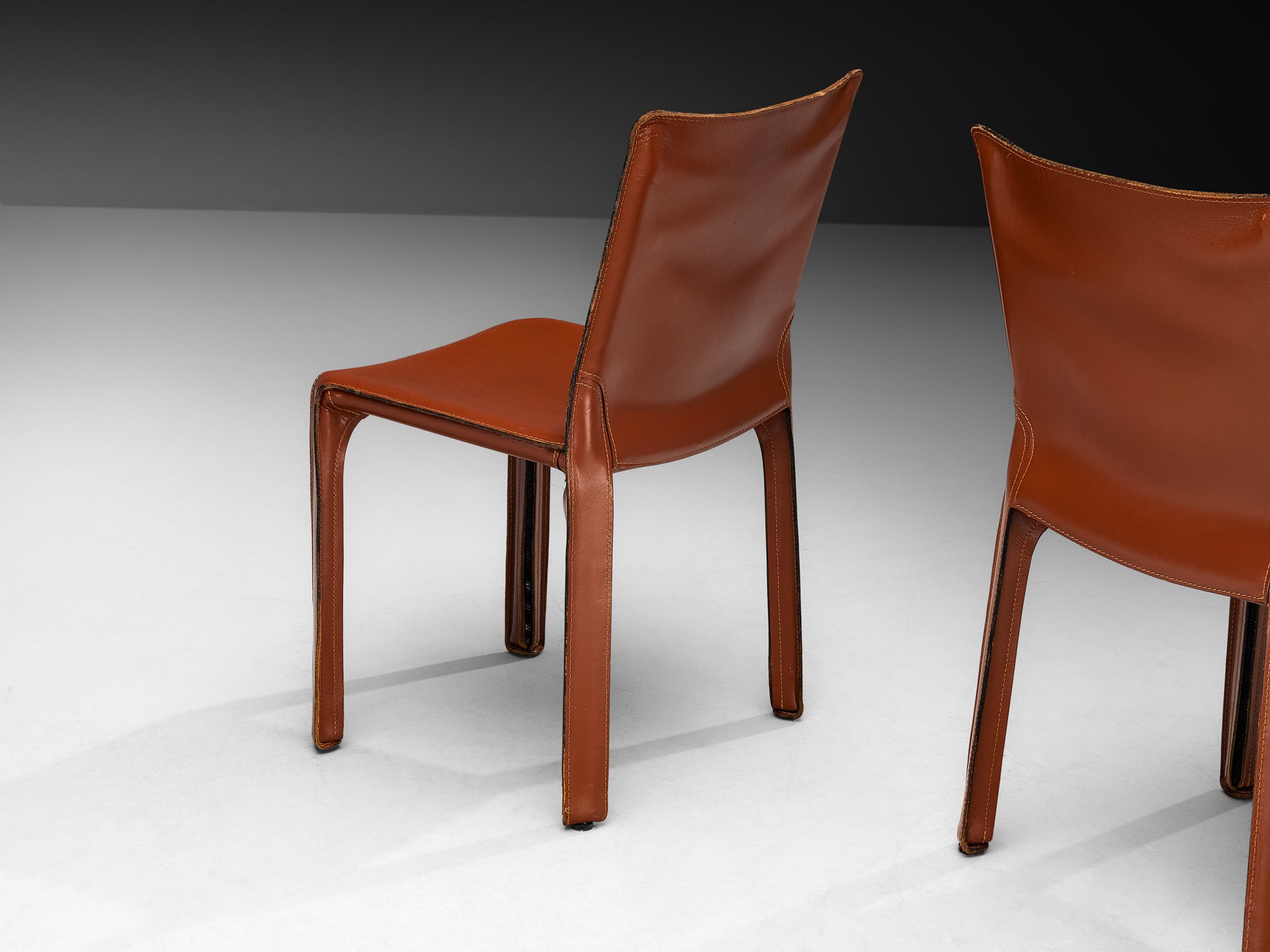 Mario Bellini for Cassina Set of Eight 'Cab' Dining Chairs in Red Brown Leather Seating Morentz