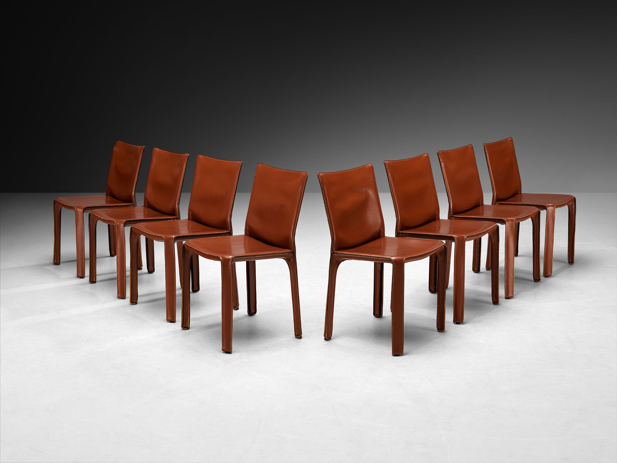 Mario Bellini for Cassina Set of Eight 'Cab' Dining Chairs in Red Brown Leather Seating Morentz