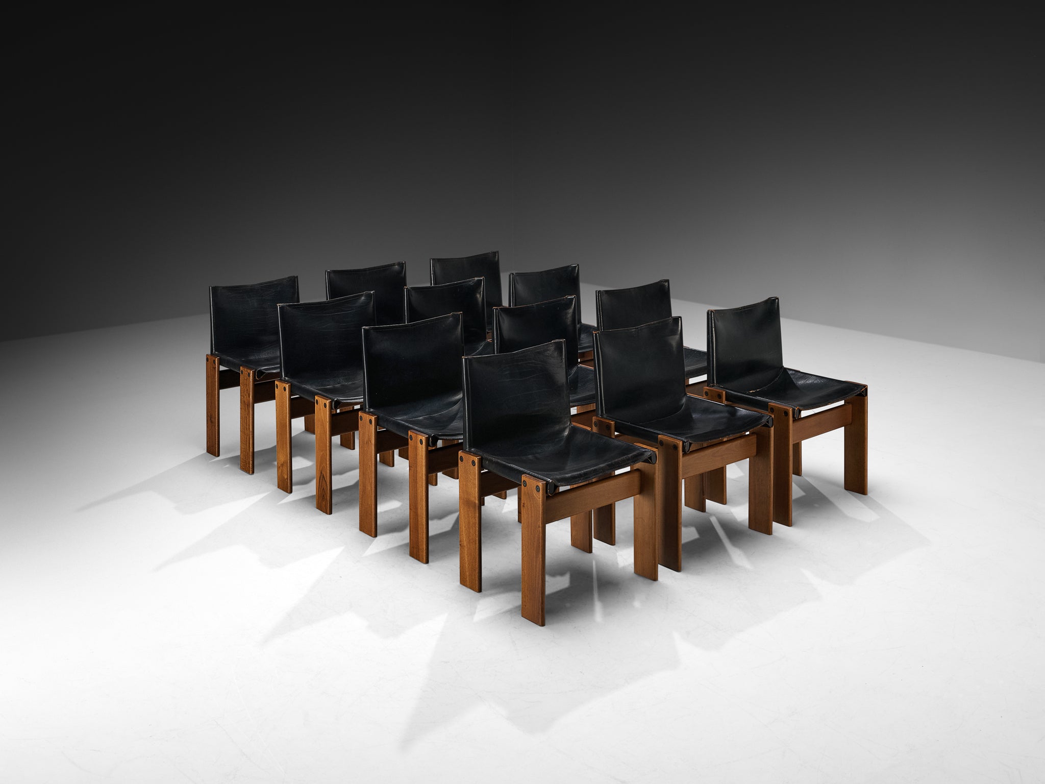 Afra & Tobia Scarpa for Molteni Set of Twelve 'Monk' Dining Chairs in Walnut and Leather Seating Morentz