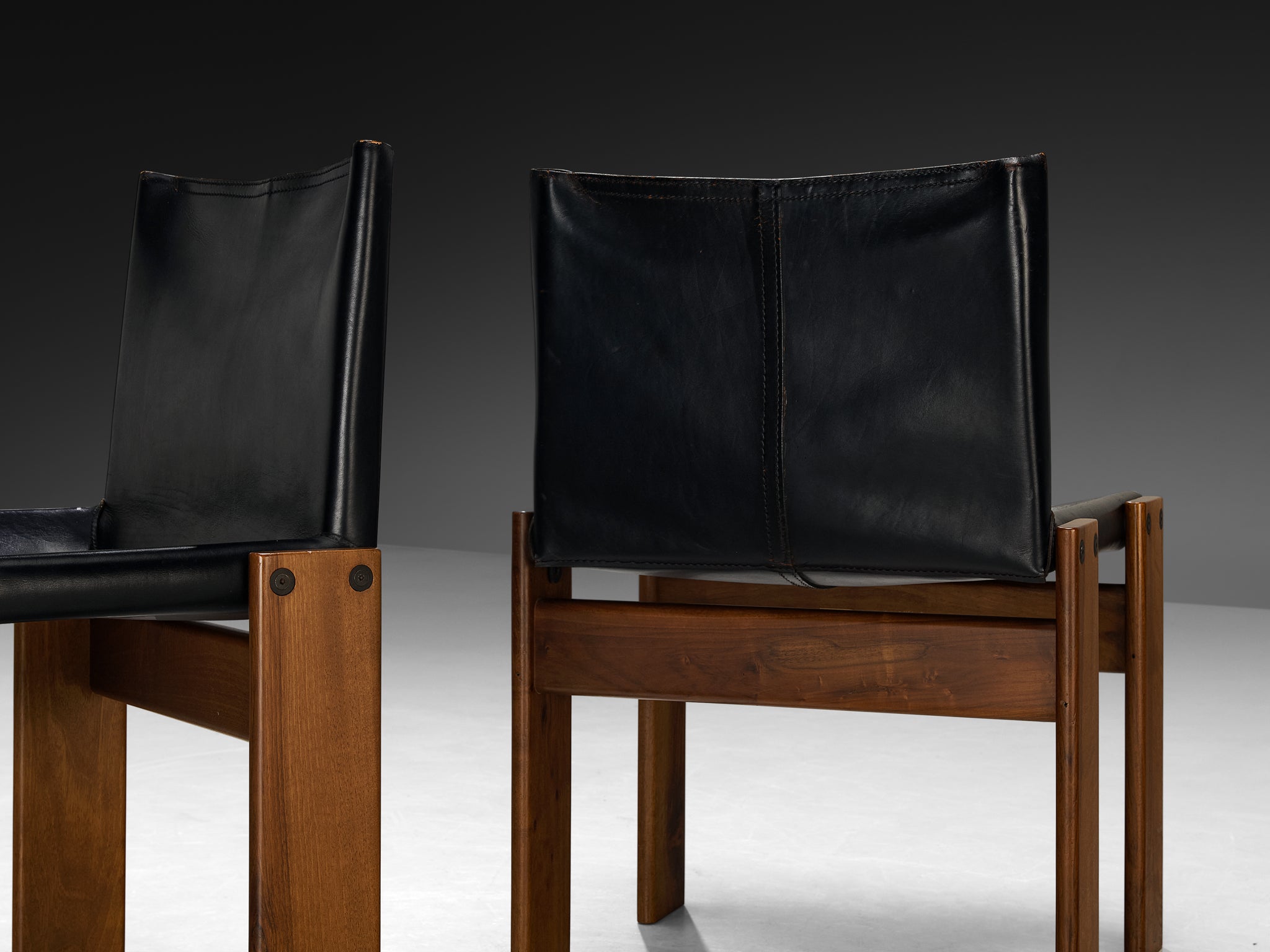 Afra & Tobia Scarpa for Molteni Set of Twelve 'Monk' Dining Chairs in Walnut and Leather Seating Morentz