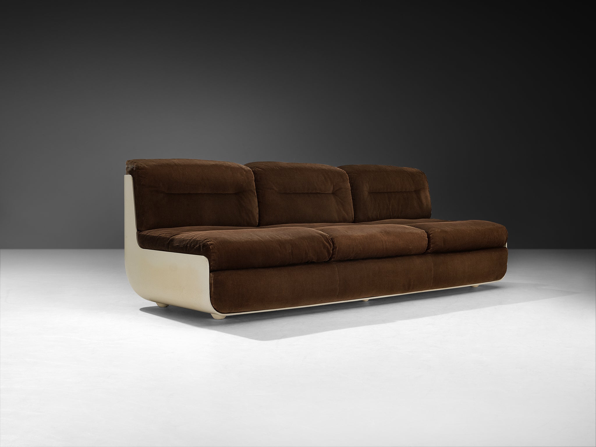 Rare Rodolfo Bonetto and Giotto Stoppino for Tarlisio 'Bossa' Sofa in Fiberglass and Brown Corduroy Seating Morentz