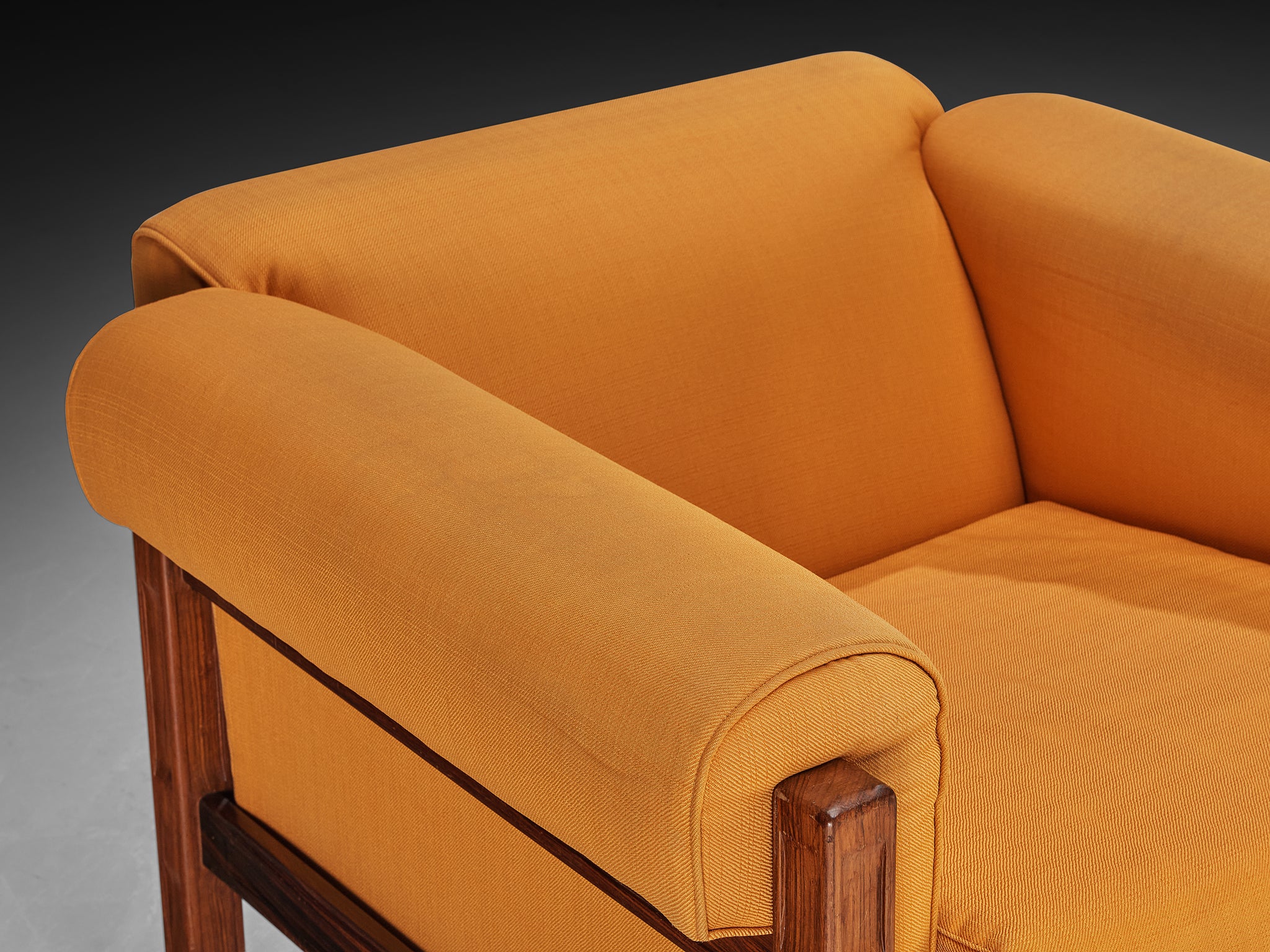 Italian Mid-century Lounge Chairs in Wood and Orange Fabric Seating Morentz