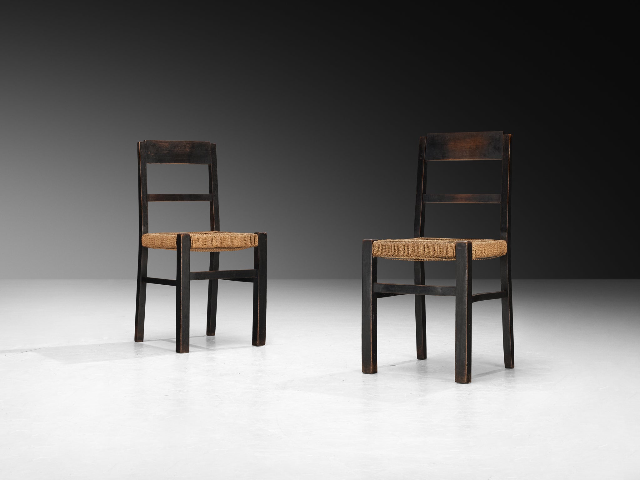 1920s Francis Jourdain Set of Four Dining or Side Chairs in Dark Wood and Rush Seating Morentz