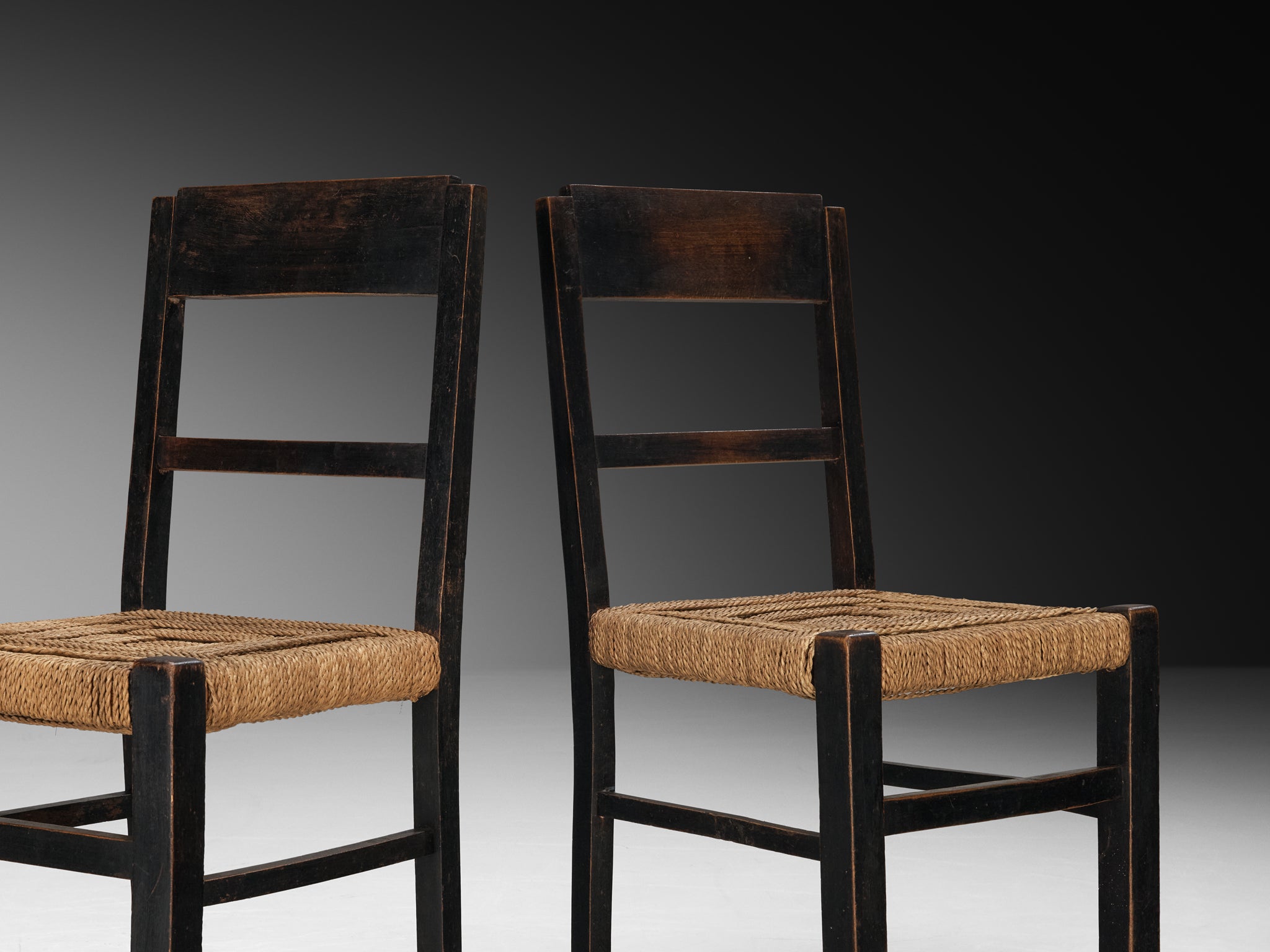 1920s Francis Jourdain Set of Four Dining or Side Chairs in Dark Wood and Rush Seating Morentz