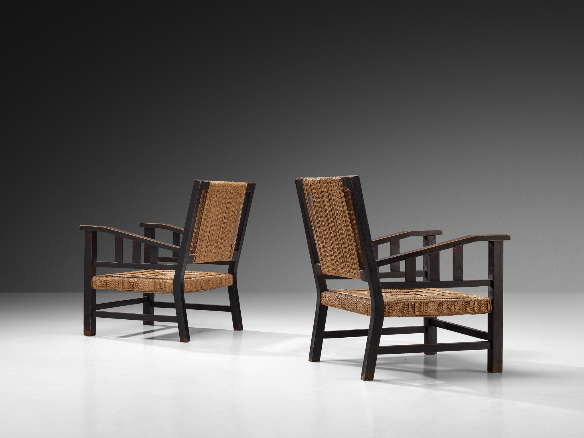 Francis Jourdain Lounge Chairs in Woven Rush and Wood Seating Morentz
