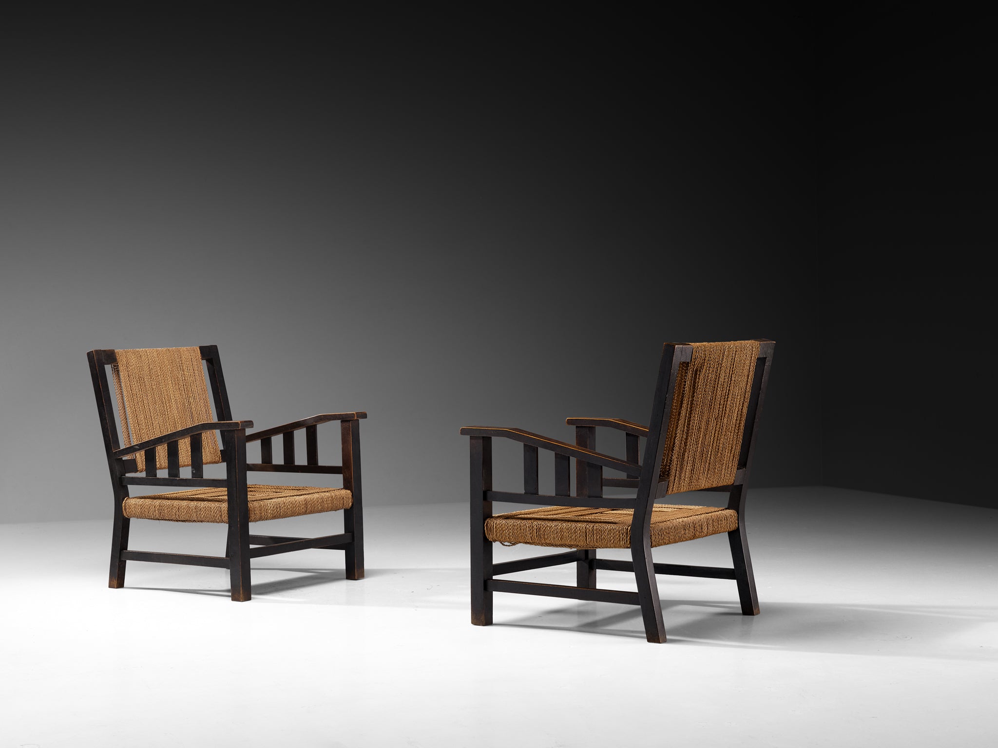Francis Jourdain Lounge Chairs in Woven Rush and Wood Seating Morentz