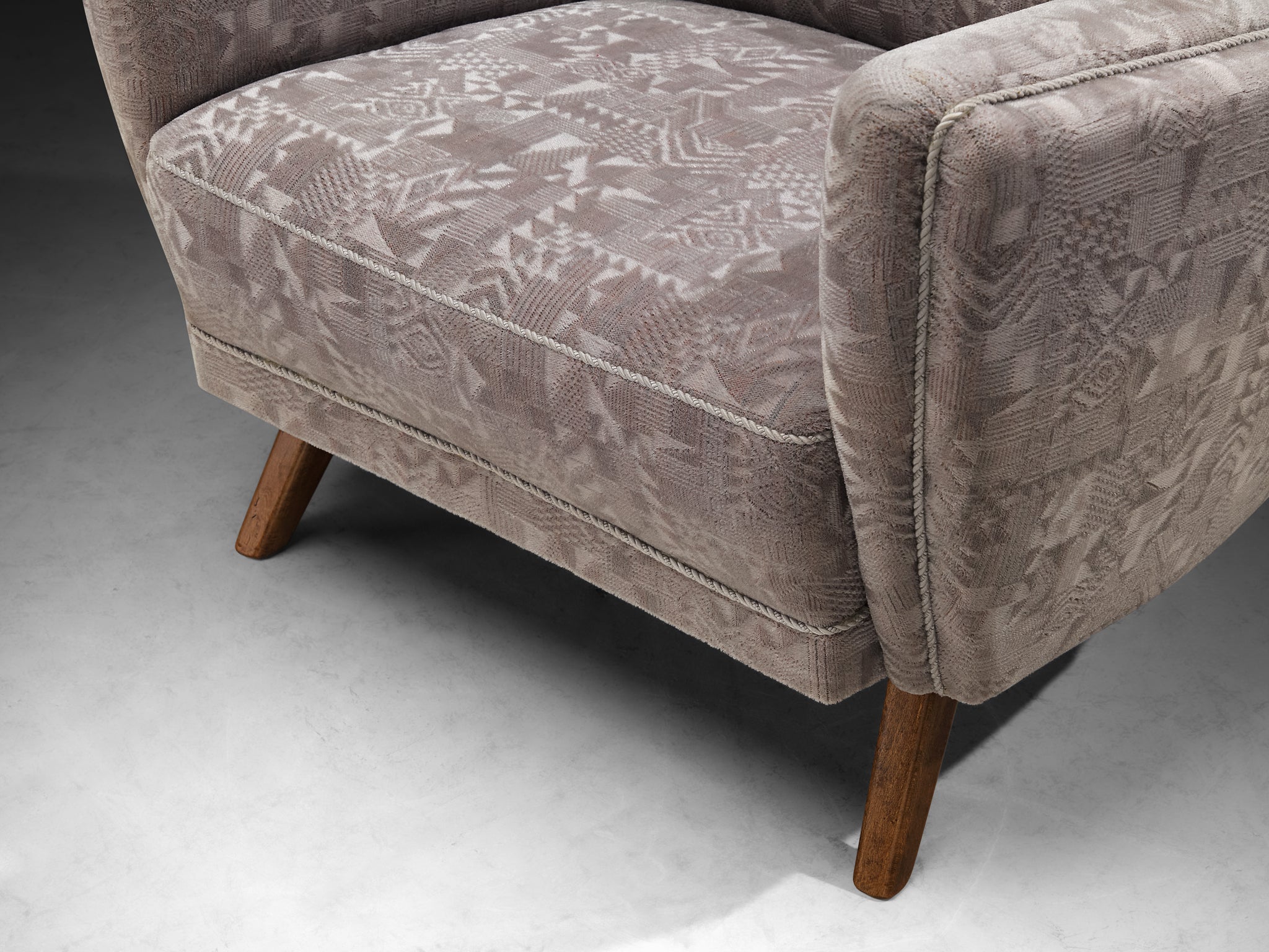 Set of Four 1950s Armchairs in Grey Geometric Velvet with Wooden Legs Seating Morentz