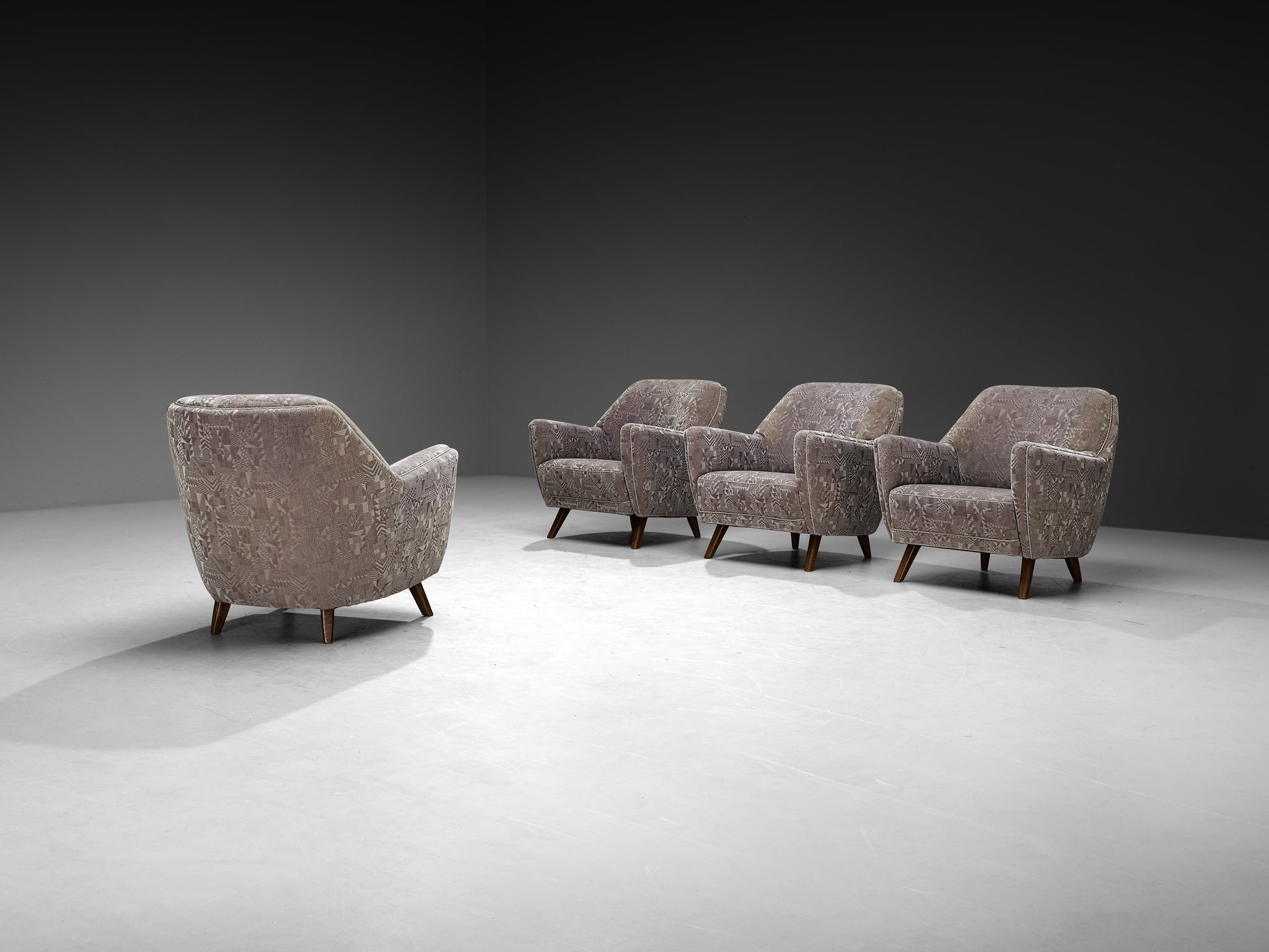 Set of Four 1950s Armchairs in Grey Geometric Velvet with Wooden Legs Seating Morentz