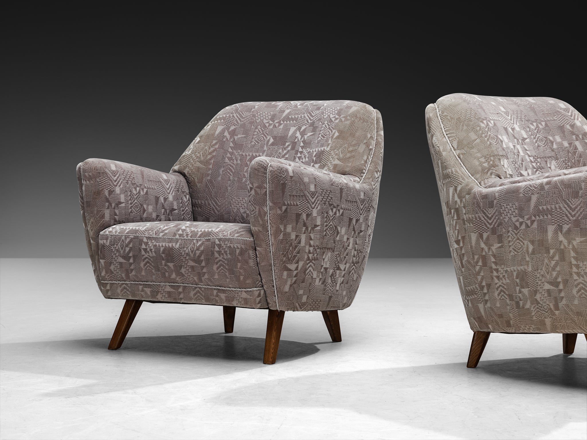 Set of Four 1950s Armchairs in Grey Geometric Velvet with Wooden Legs Seating Morentz