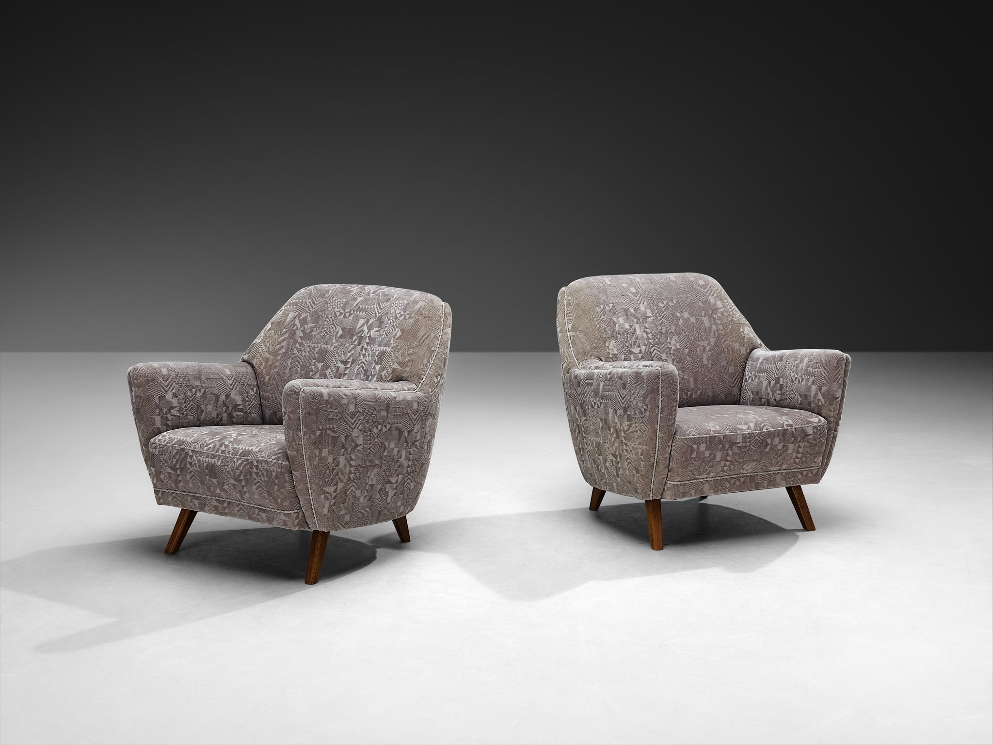 Set of Four 1950s Armchairs in Grey Geometric Velvet with Wooden Legs Seating Morentz