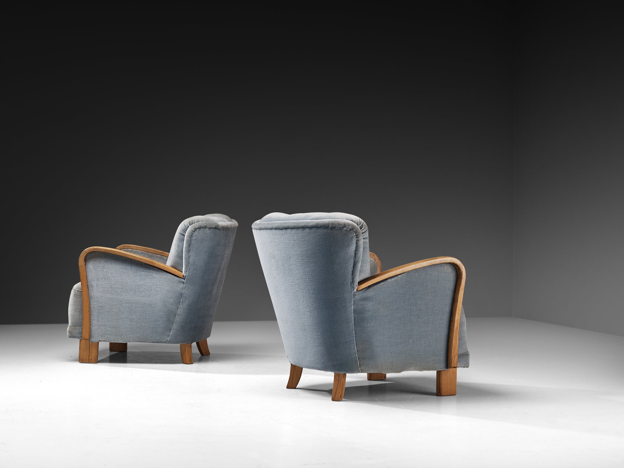 Mid-Century Pair of Lounge Chairs in Wood and Ice Blue Fabric Seating Morentz