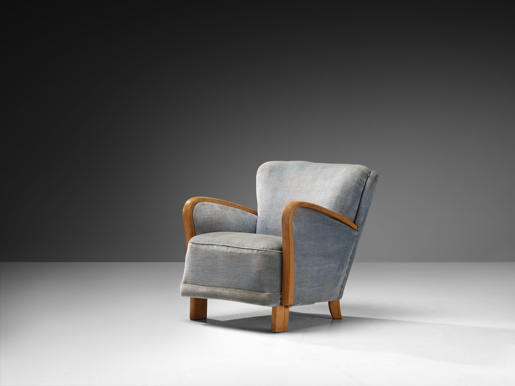 Mid-Century Pair of Lounge Chairs in Wood and Ice Blue Fabric Seating Morentz