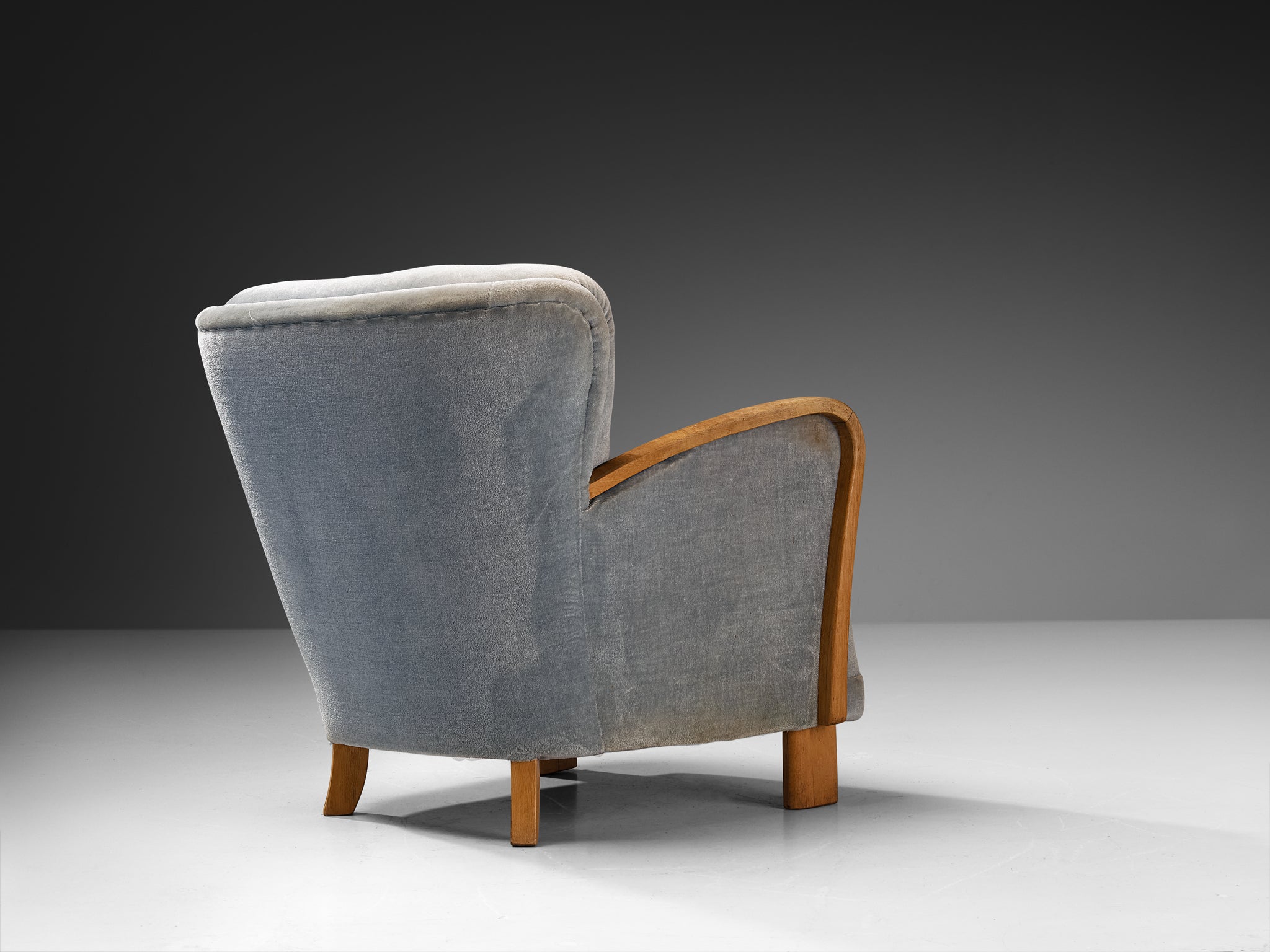 Mid-Century Pair of Lounge Chairs in Wood and Ice Blue Fabric Seating Morentz