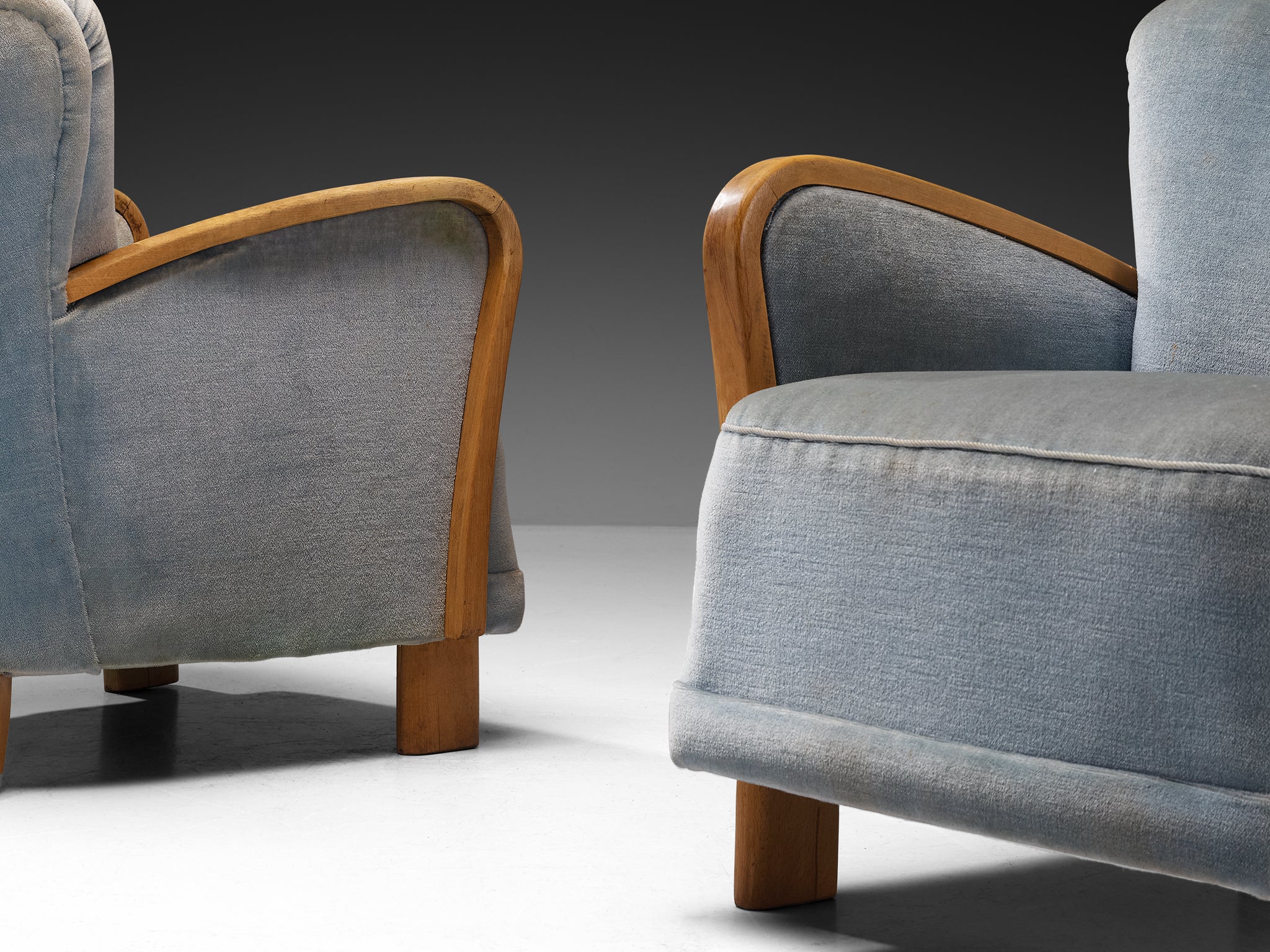 Mid-Century Pair of Lounge Chairs in Wood and Ice Blue Fabric Seating Morentz