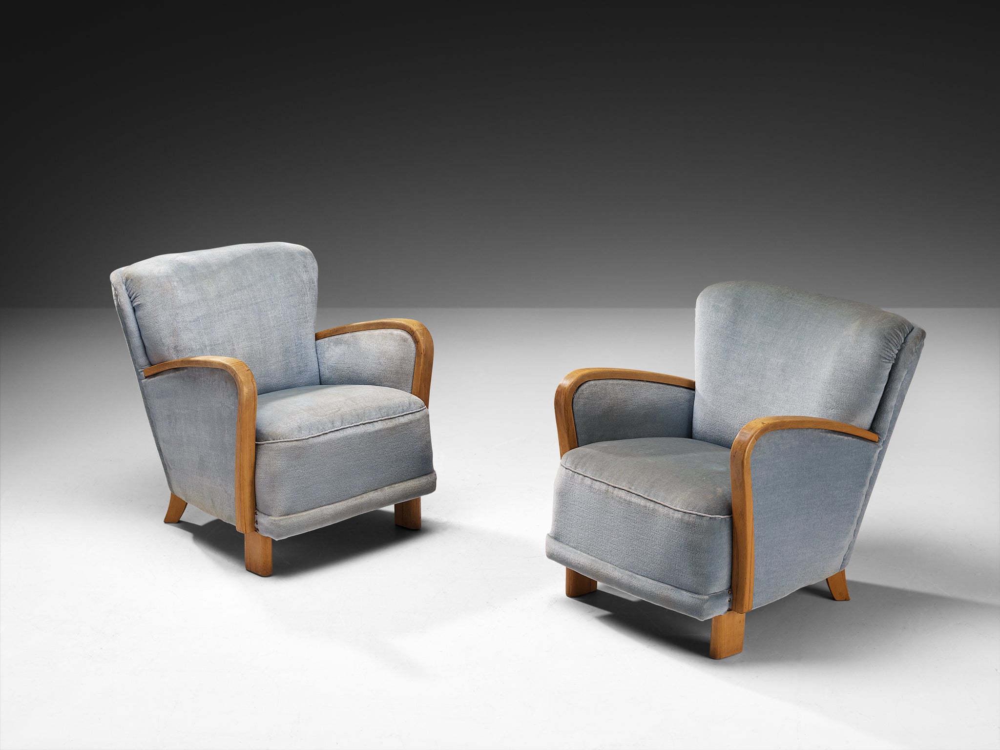 Mid-Century Pair of Lounge Chairs in Wood and Ice Blue Fabric Seating Morentz