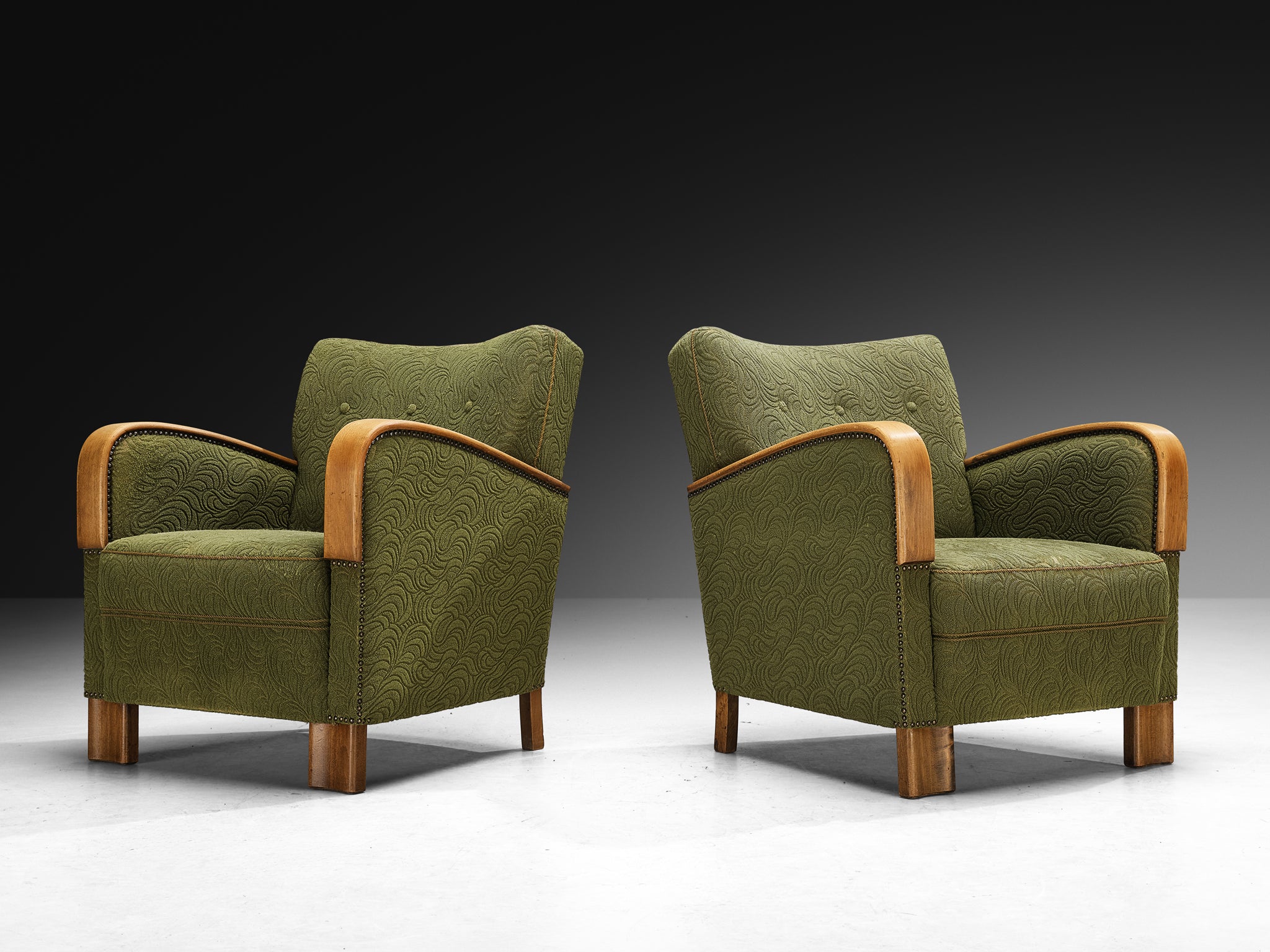 1950s Pair of Lounge Chairs in Wood and Green Fabric Seating Morentz